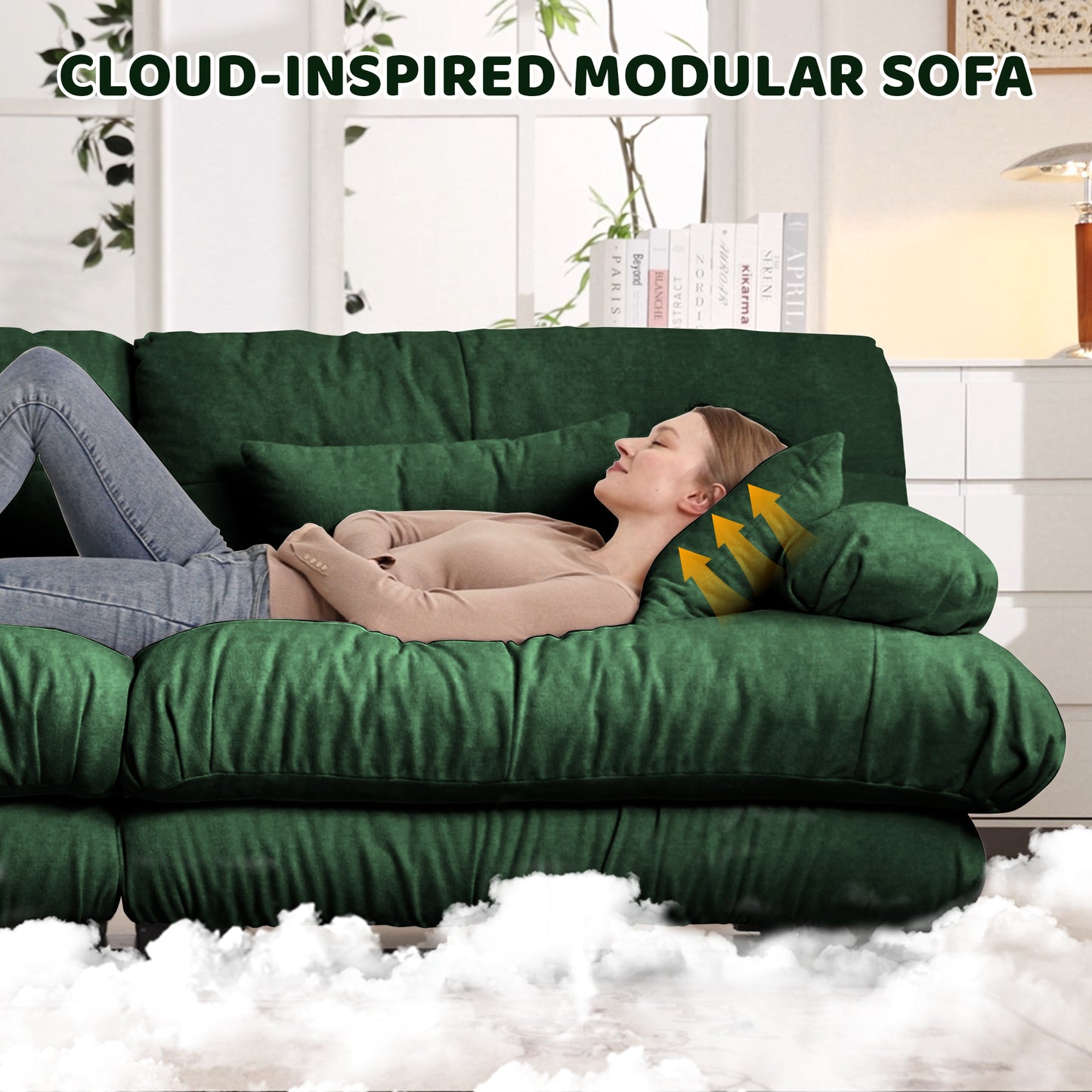 Cloud Couch Sleeper Sofa For Living Room, Chenille 2 Seater Sofa With 2 Lumbar Pillows And 2 Throw Pillows , Upholstered Wide Arm Sofa With 2 Ottomans,Chenille Green