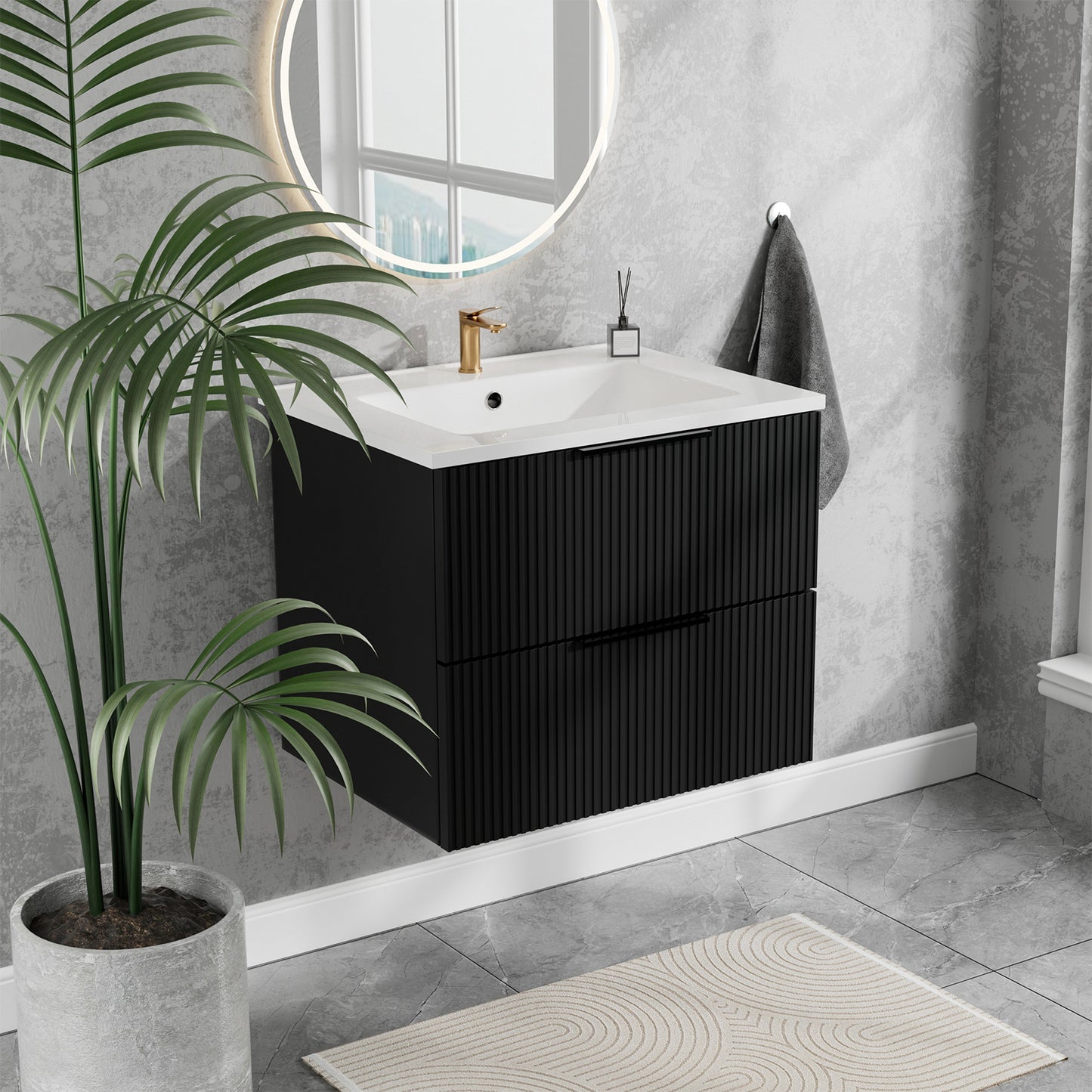 24 Inch Bathroom Vanity Cabinet With Ceramic Sink - Black Wall Mounted Floating Fluted Vanity With Drawers  Modern