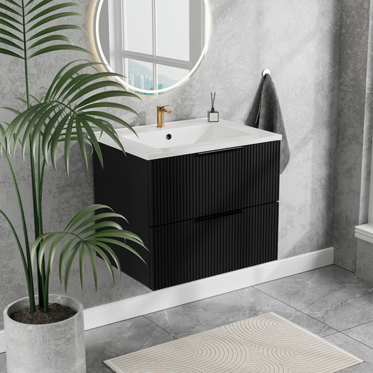 24 Inch Bathroom Vanity Cabinet With Ceramic Sink - Black Wall Mounted Floating Fluted Vanity With Drawers  Modern