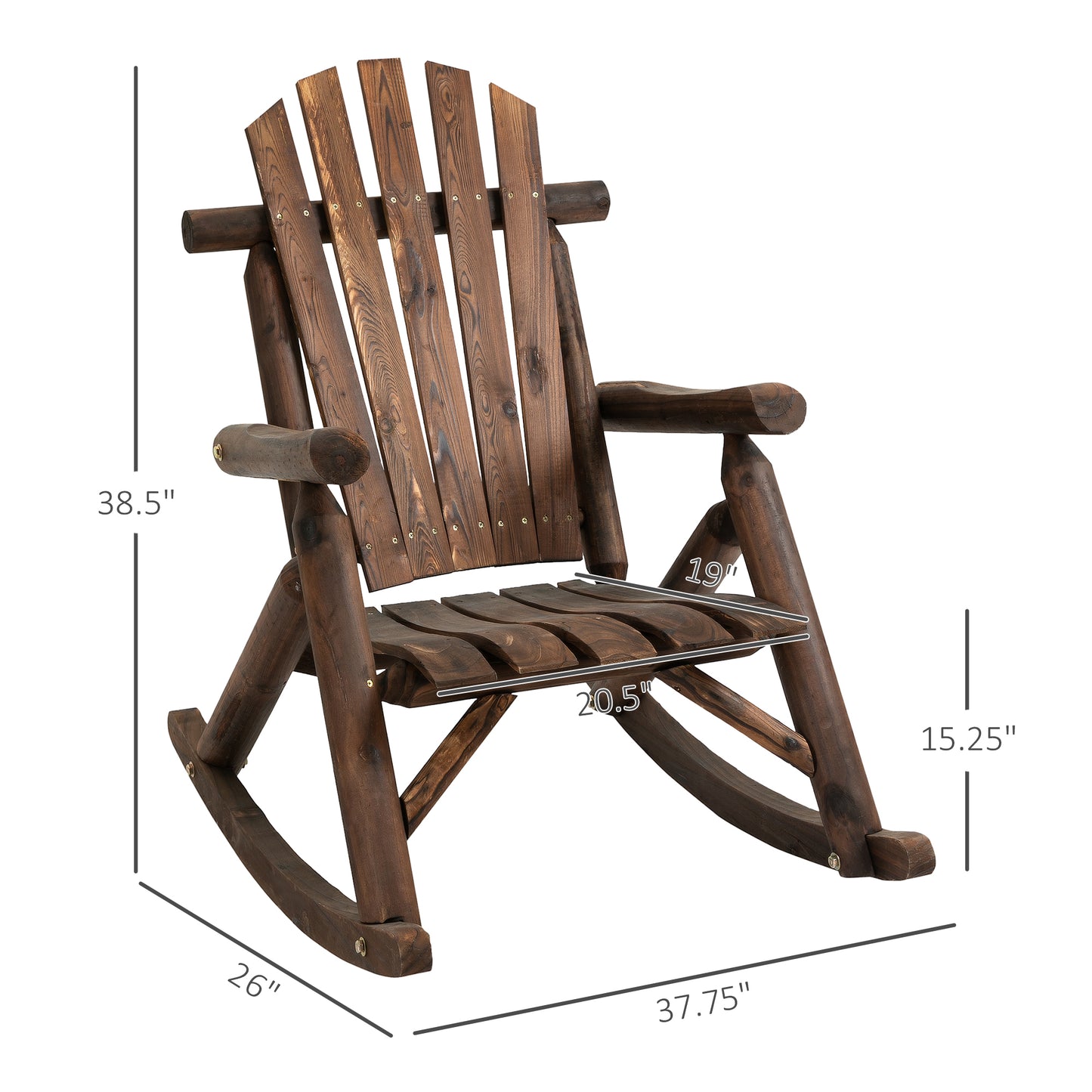 Outdoor Wooden Rocking Chair, Single-Person Adirondack Rocking Patio Chair With Rustic High Back, Slatted Seat And Backrest For Indoor, Backyard, Garden, Carbonized