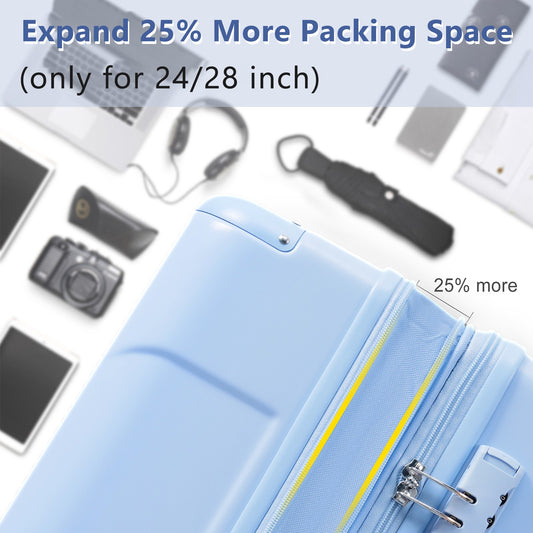 Hardshell Luggage, Lightweight Durable ABS Suitcases With Double Wheels, Expandable 28-inch Checked Luggage 28   Skyblue