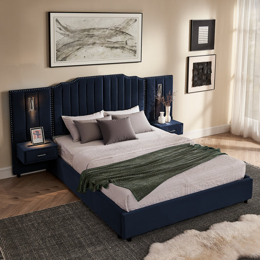 Queen Size Upholstered Bed Frame With Velvet Fabric, Vertical Stripe Design With Buttons Around  Platform Bed With Headboard, Solid Frame & Bedside Table - No Box Spring Needed-Dark Blue