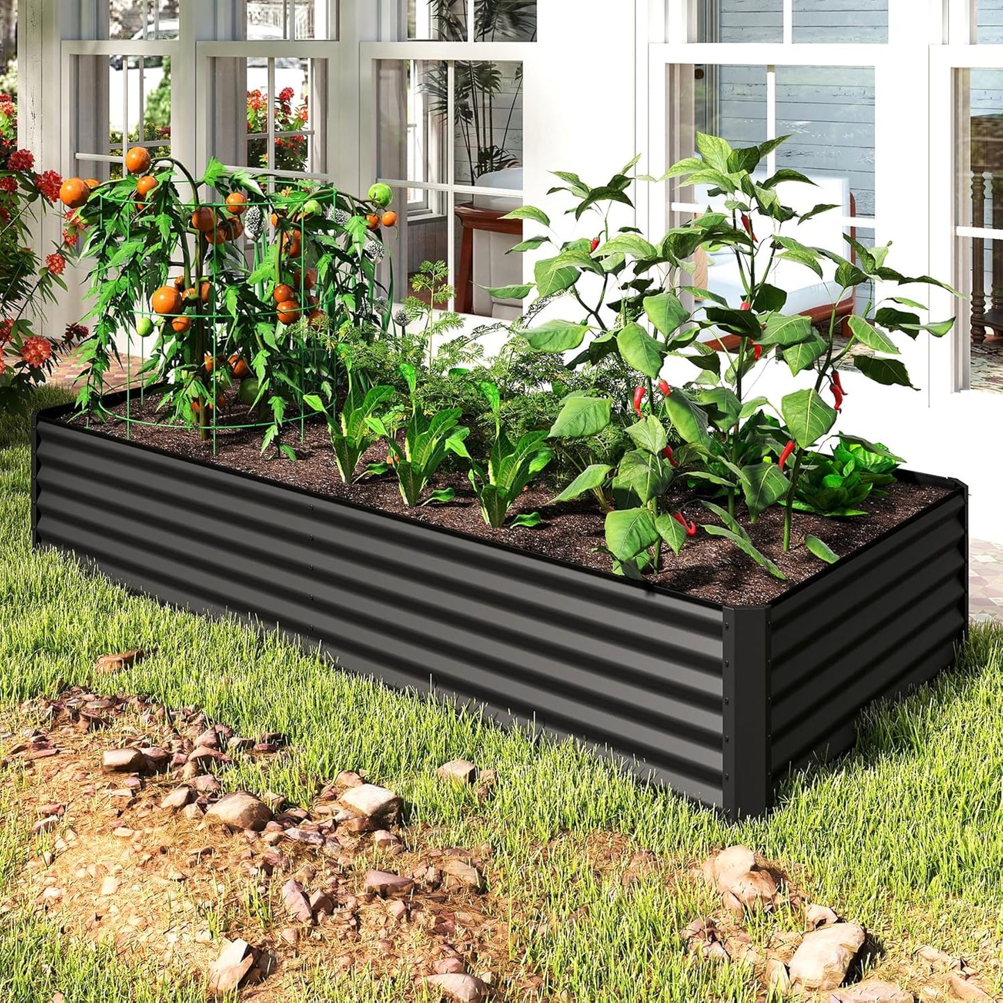 8x4x1.5 Ft Galvanized Raised Garden Bed, Outdoor Planter Garden Boxes Large Metal Planter Box For Gardening Vegetables Fruits Flowers, Dark Grey