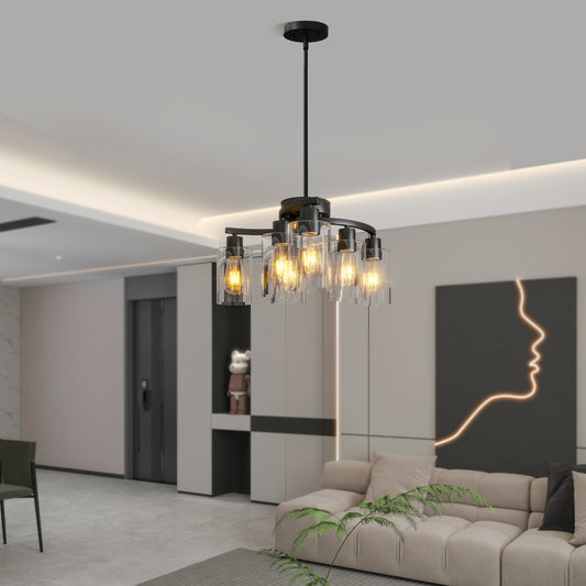 6-Light Modern Farmhouse Black Chandelier, Contemporary Dining Room Light Fixture, Adjustable Height Hanging Industrial Pendant Lights Kitchen Island, Clear Glass Shade