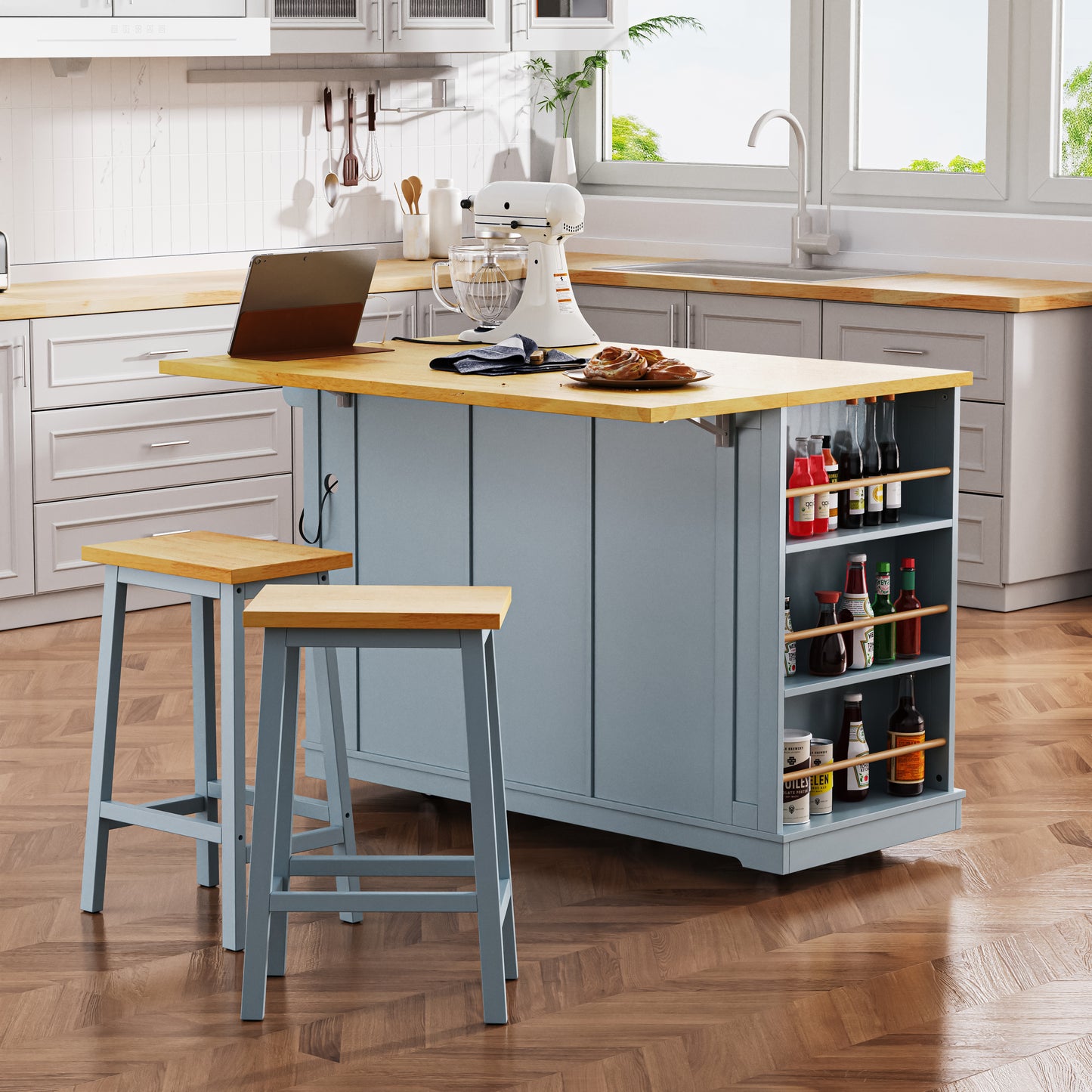 K&K 53inch Large Kitchen Island With Drop Leaf,Power Outlet,Door Internal Storage Rack,Rolling Kitchen Cart On 5 Wheels With 5 Open Side Racks For Kitchen,Grey Blue Two Packages  Stools Not Included