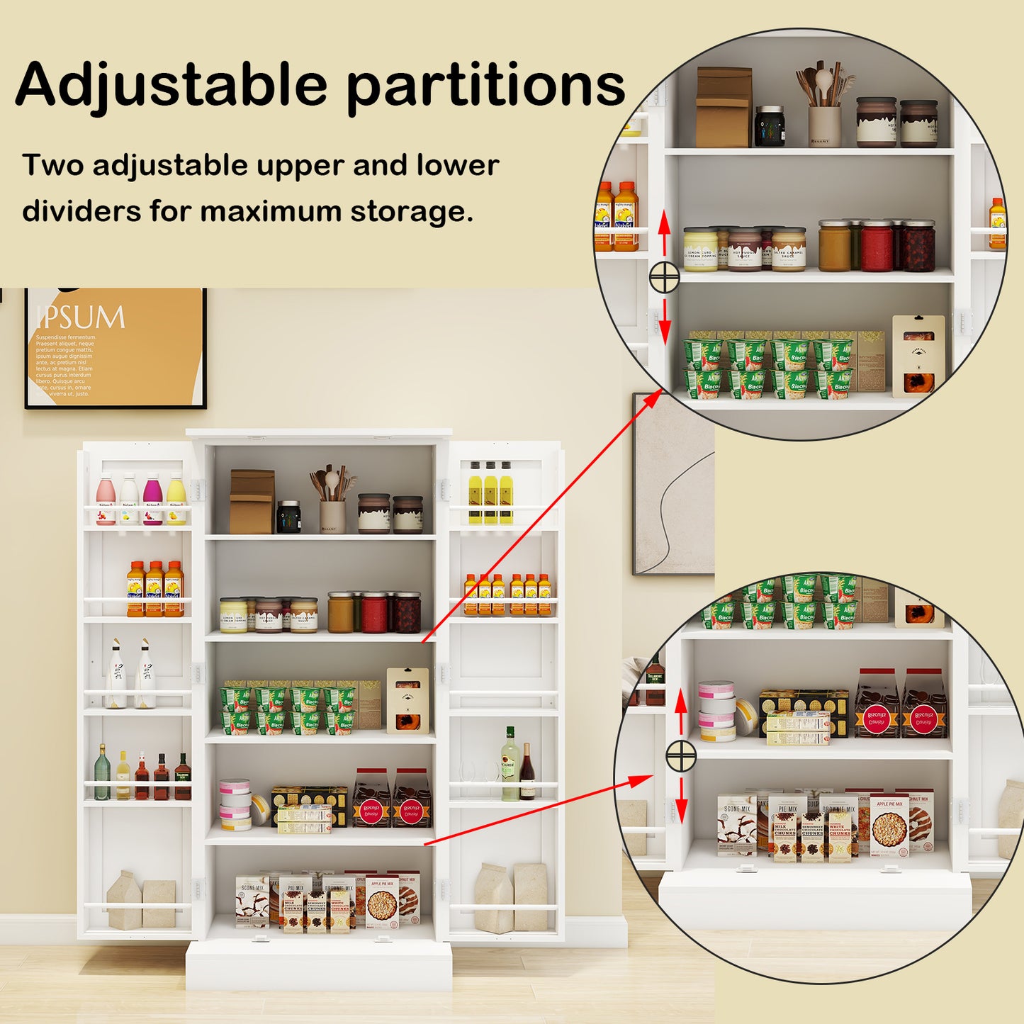 50  LED Kitchen Pantry Cabinet,Freestanding Buffet Cupboards Sideboard With 2 Doors With Racks And 2 Adjustable Shelves For Kitchen, Living Room And Dinning Room-White