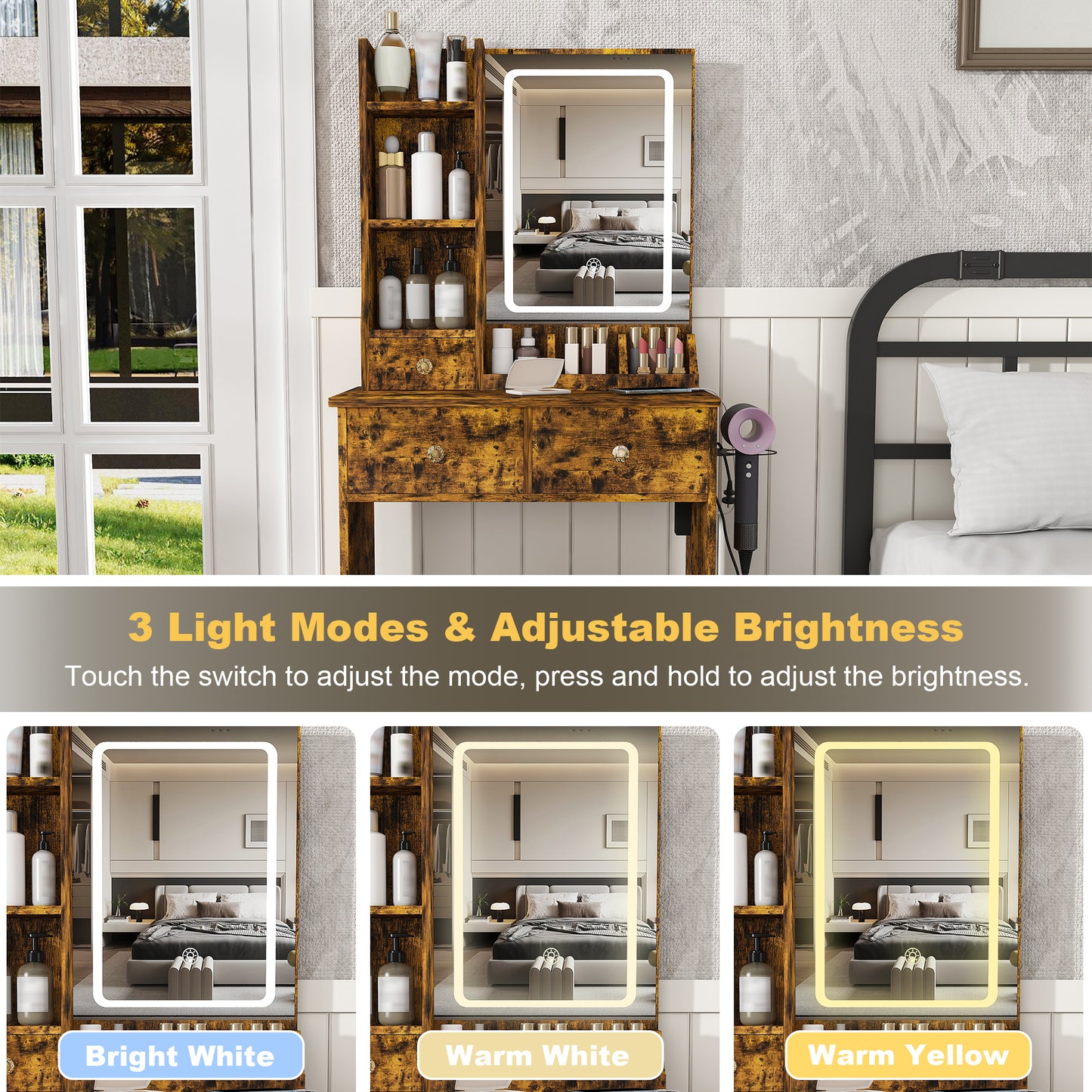 Modern Small Vanity Desk  Featuring 3 Modes Of LED Lighting With Adjustable Brightness  3 Drawers And Multiple Open Storage Shelves  A Hair Dryer Holder And Power Socket  And A Dressing Chair. Brown