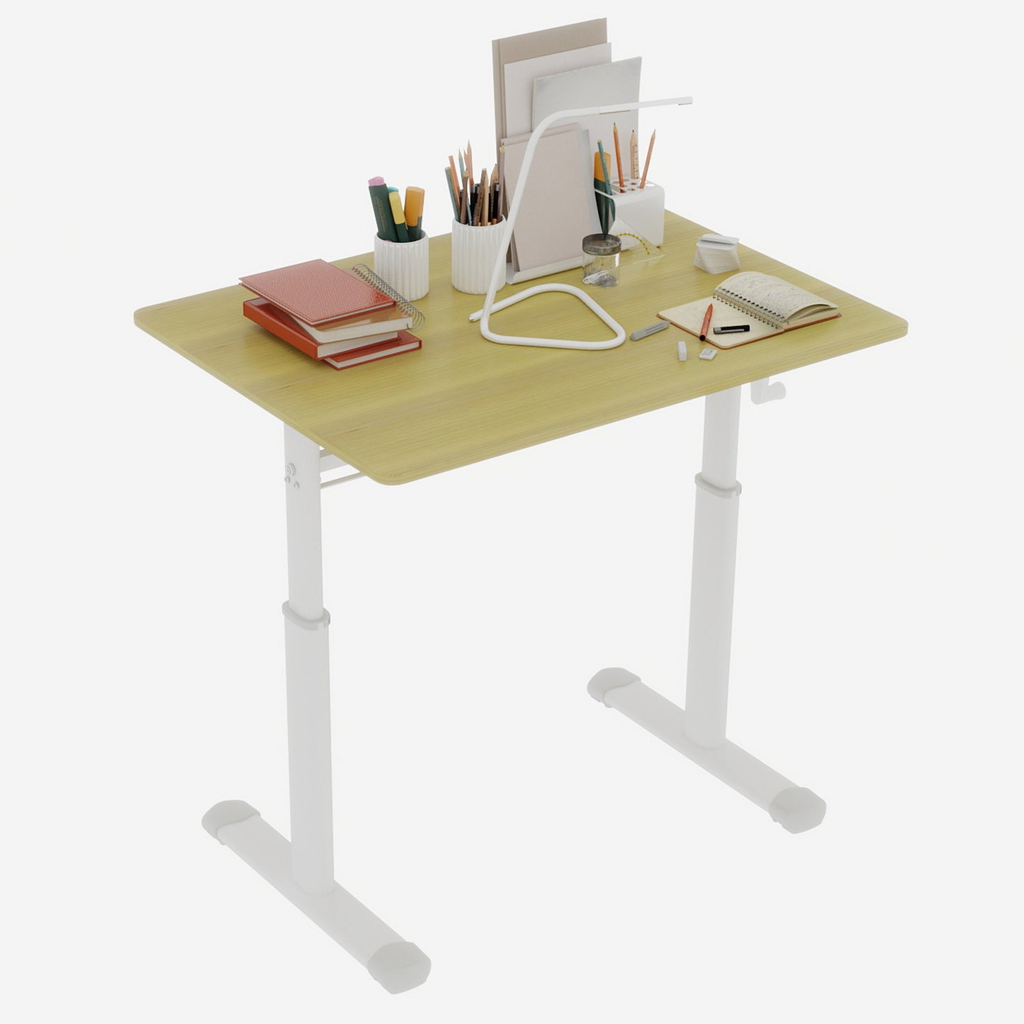 Adjustable Study Desk Suitable For Children And Adults, Height-adjustable, Multifunctional Home Office Desk, Compact Design, Desktop Dimensions 60cm X 80cm, White Frame With Natural Wood-colored Tabl