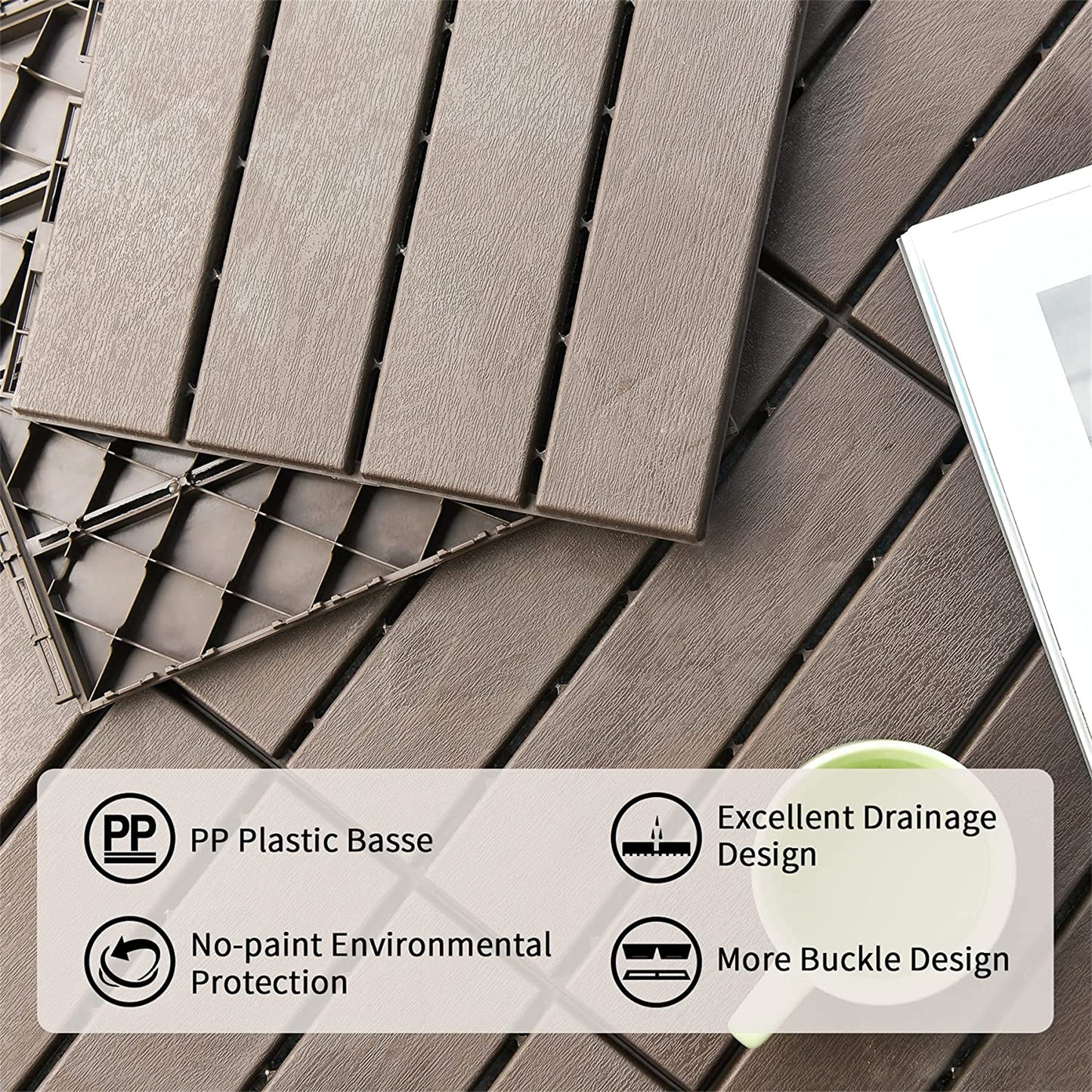 Patio Interlocking Deck Tiles, 12 X12  Square Composite Decking Tiles, Four Slat Plastic Outdoor Flooring Tile All Weather For Balcony Porch   Dark Brown, Pack Of 9