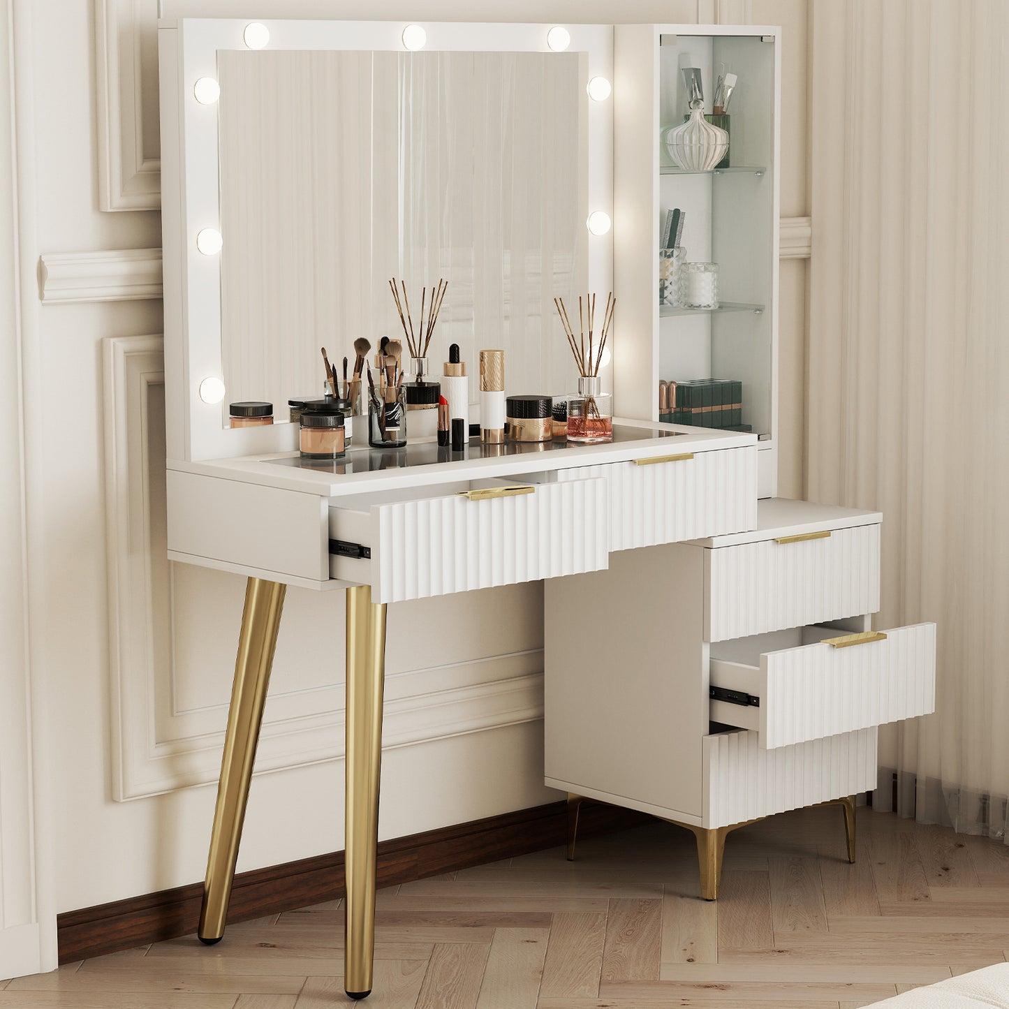 Fluted Vanity Desk With Mirror Glass Top Makeup Table With 5 Drawers Power Outlet Storage Cabinet 3 Color Light For Bedroom White