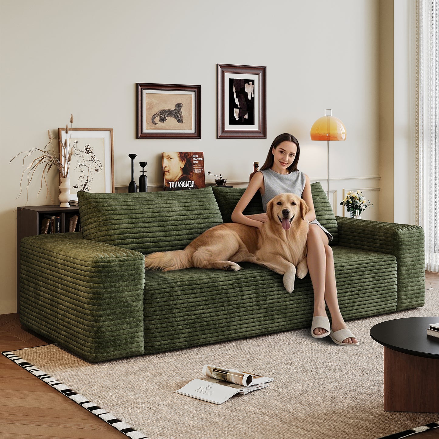 71  3Setaser Sofa,Corduroy Fabric,Deep Seat Couches,Comfy Loveseat Sofa,No Assembly,1pcs For Living Room, Bedroom,Conference Room ,Apartment,Green