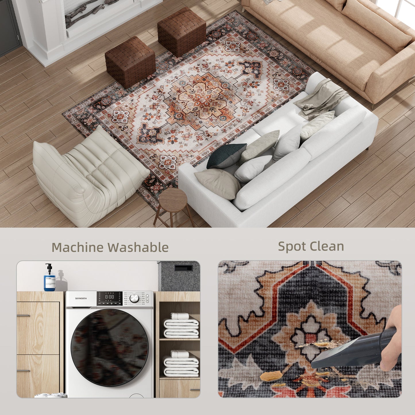 Area Rug 5x7, Machine Washable Rug, Non-Slip Boho Print Pattern Medallion Carpet For Living Room, Bedroom, Tawny Brown