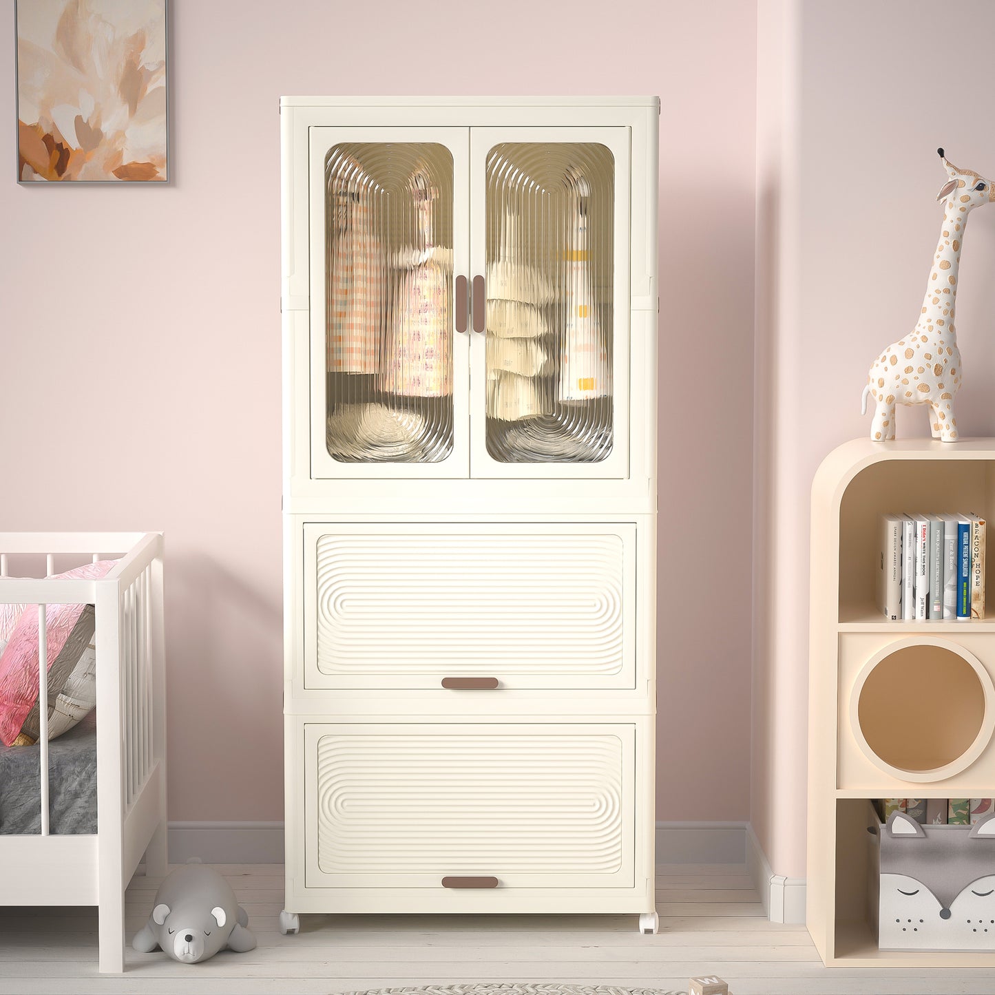 Portable Wardrobe Closet Storage Organizer For Clothes,Clothes Dresser, Magnetic Doors With 4 Cubes &  Hanging Rod,10 Pcs Hangers , Baby Wardrobe Storage Cabinet,White