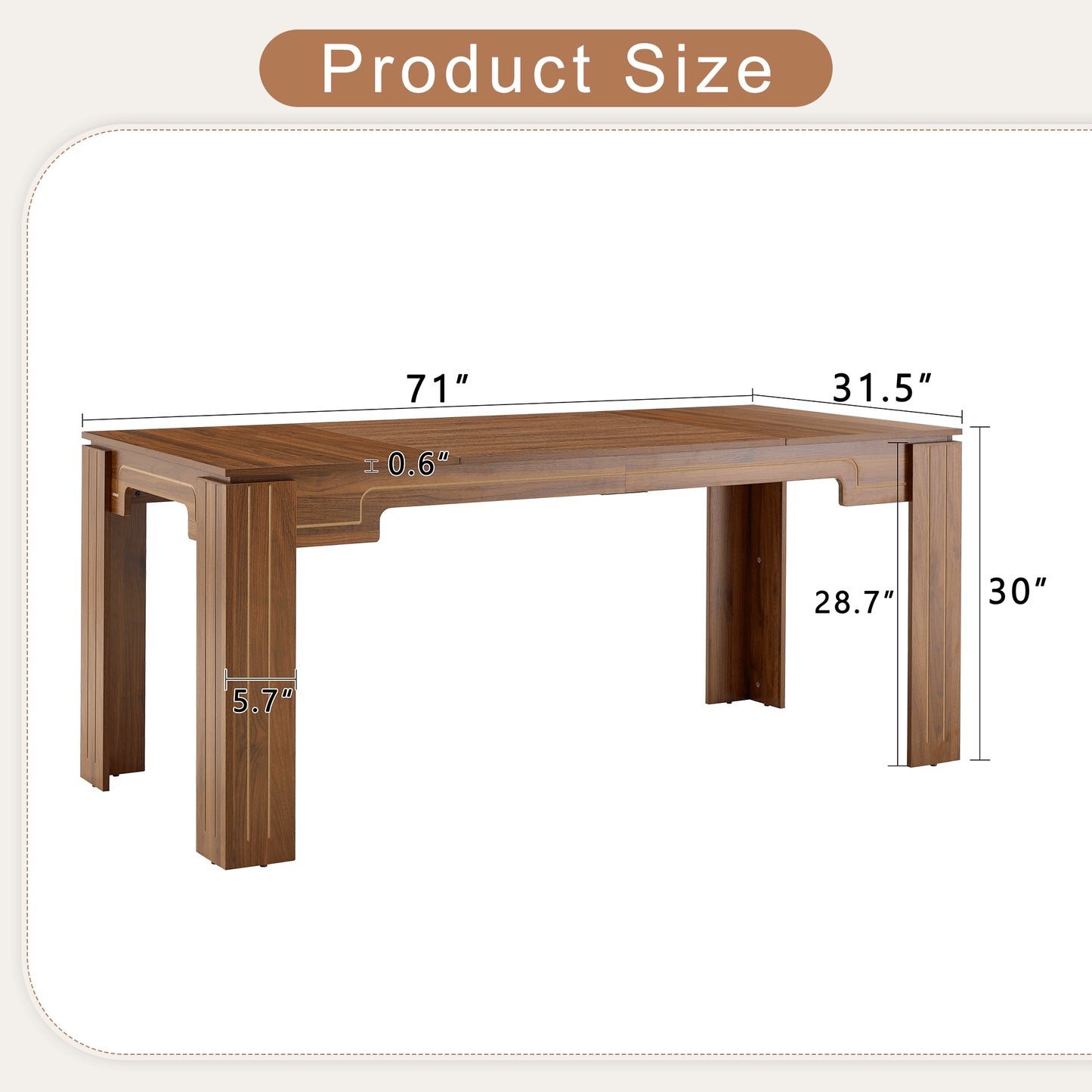 71 X 31.5 Inch Walnut MDF Spliced Tabletop Dining Table With Grooved Legs. Modern Luxury Home Dining Table, Suitable For 6-8 People. Flexible Adaptation To Dining Rooms, Living Rooms, Study Rooms,etc.