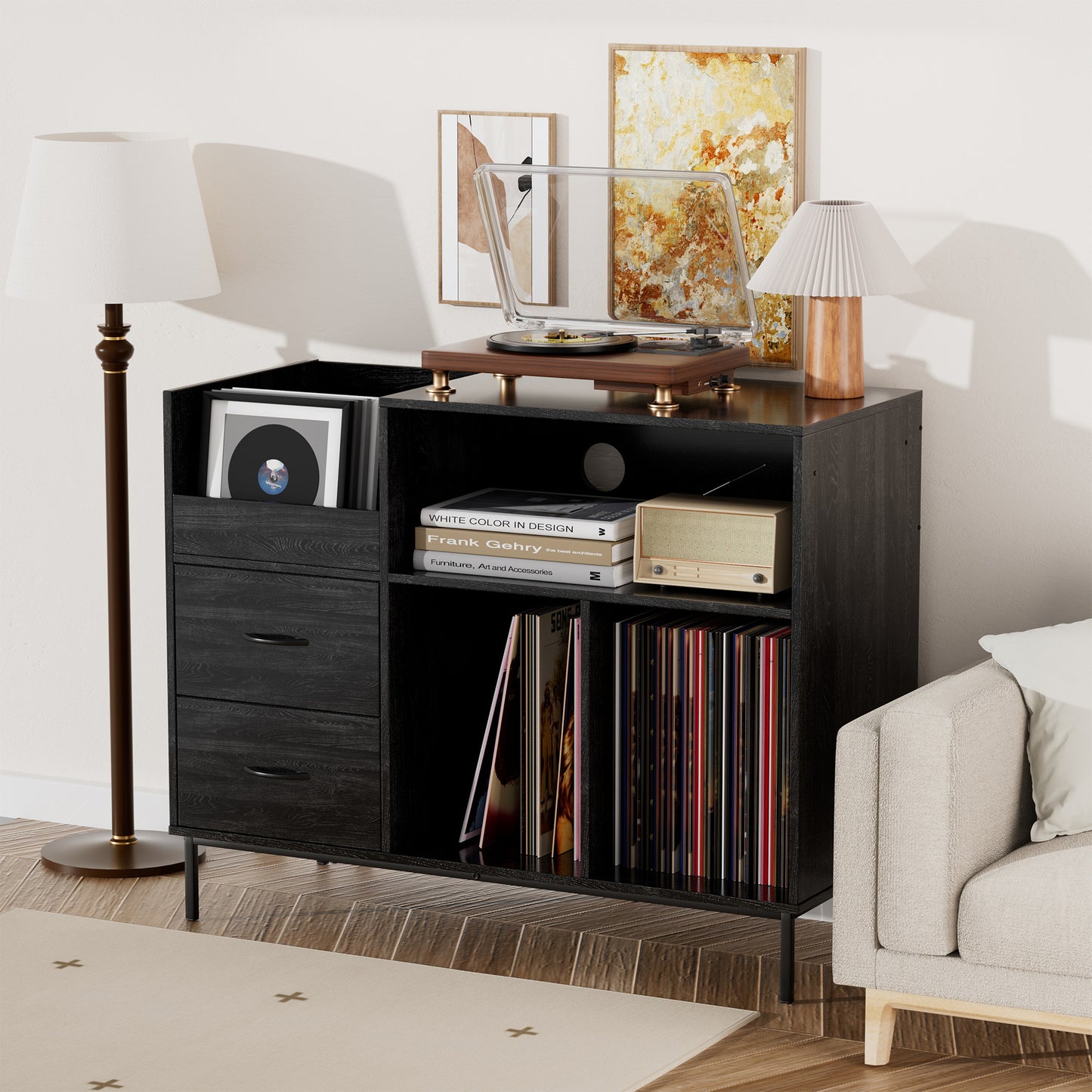 Eco-Friendly Record Player Stand With Flip-Top - Wood Vinyl Storage Cabinet With 2-Outlet Power Strip, Drawers & Dustproof Cubbies, Media Console For Living Room Study, Black