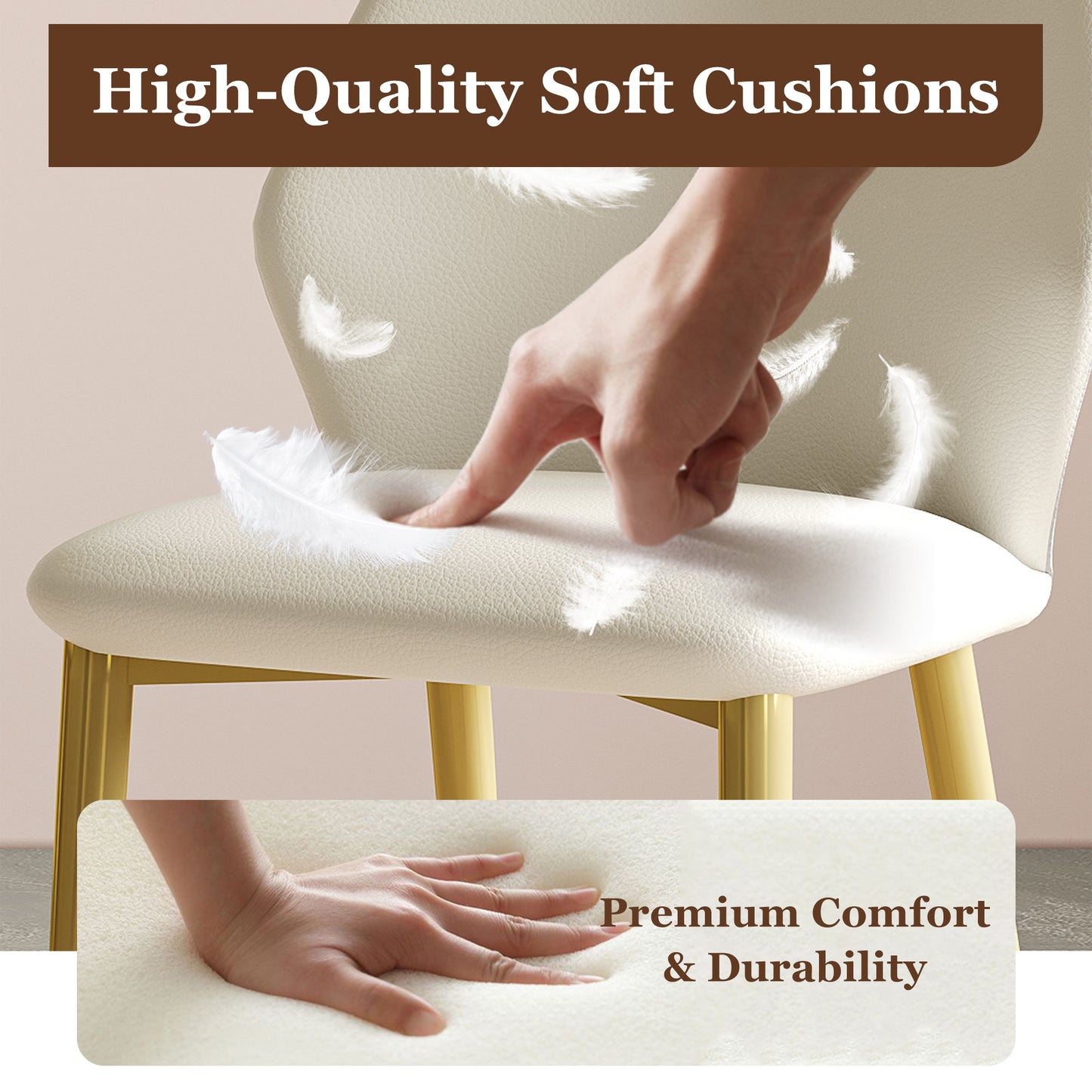 Set Of 2 Dining Chairs, High-quality PU Leather Seats, With Gold-plated Painted Carbon Steel Legs And Ergonomic Backrests, Suitable For Kitchen, Dining Room And Living Room  Miller White  Gray