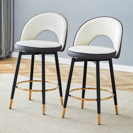 360  Rotatable Bar Chair.Modern White And Dark Gray Spliced Color PU Comfortable Upholstered Bar Chair With Smooth And Beautiful Black Metal Legs For Dining Room, Kitchen, Terrace.Set Of 2.