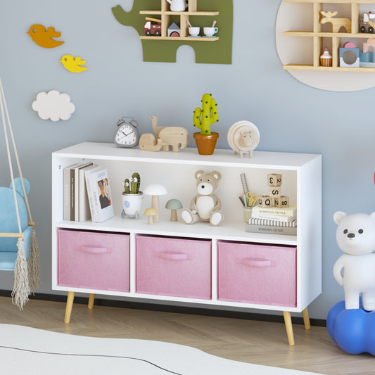 Kids Bookcase With Collapsible Fabric Drawers, Children's Book Display, Toy Storage Cabinet Organizer, White Pink