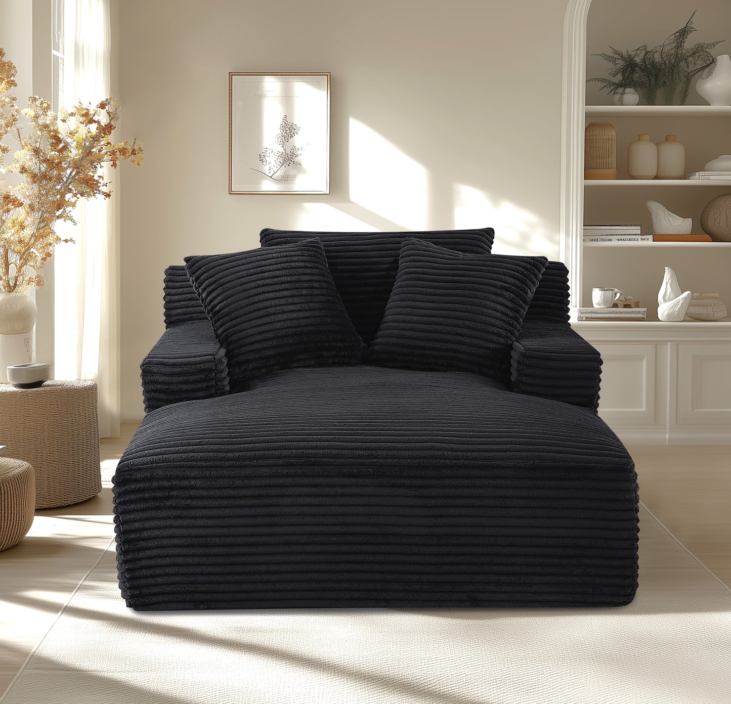 Cloudline Oversized Chaise Lounge Chair In Soft Corduroy, Modern Comfy Couch With Full Foam Cushioning, Cozy Sleeper Sofabed For Living Room, Bedroom, No Assembly Required, Black