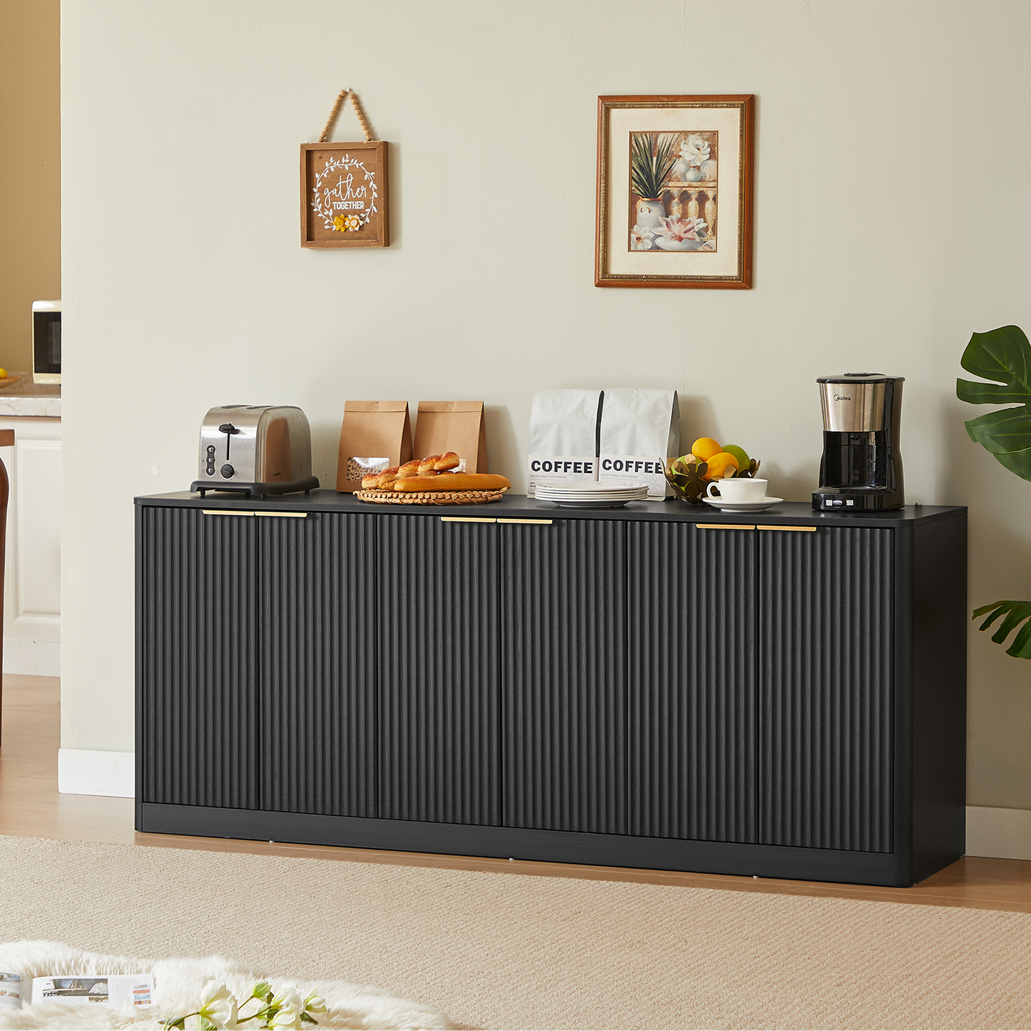 67-inch Modern Wavy Sideboard, Curved Contour Design Storage Cabinet, 6-door Cabinet With Storage Function, Suitable For Kitchen   Bedroom   Living Room, Black, 67.0 L X 15.7 W X 27.7 H