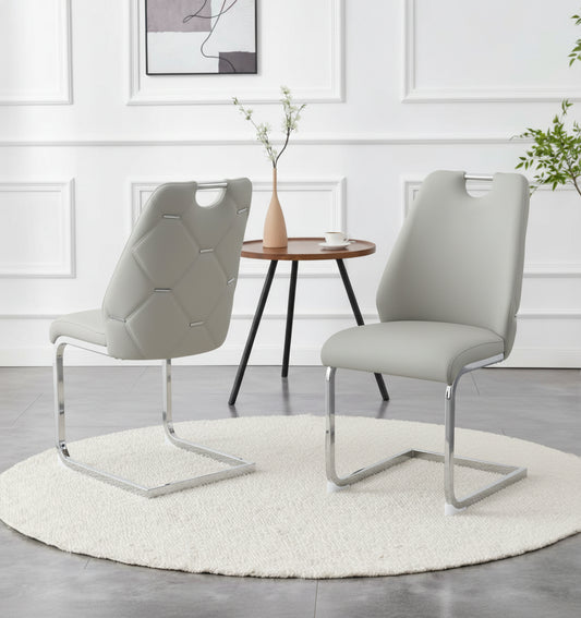 Dining Chairs Set Of 2, Light Gray Faux Leather Kitchen Chairs With Gold Mesh Texture, Silver Back Ring And Chrome Pull Handle, High Back Upholstered Dining Room Chair  Light Gray, Set Of 2