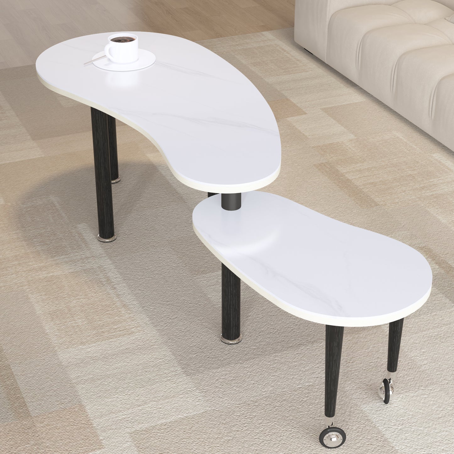 Contemporary Rotatable Cocktail Table With Solid Rubber Wood Legs, 360 Degree Rotating Coffee Table With 6mm White Sintered Stone Tabletop For Living Room, Bedroom, Balcony, Home Office