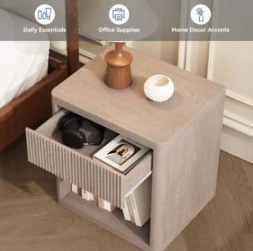 Bedside Cabinet With Drawers And Open Shelves, Side Table With Rounded Corners