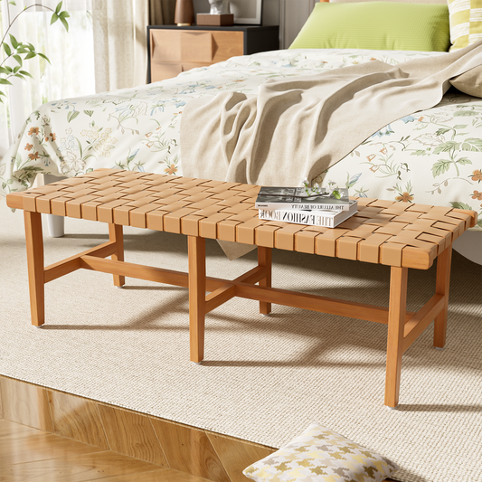 Stylish Acacia Wood Bedroom Bench With Woven PU Leather Seat