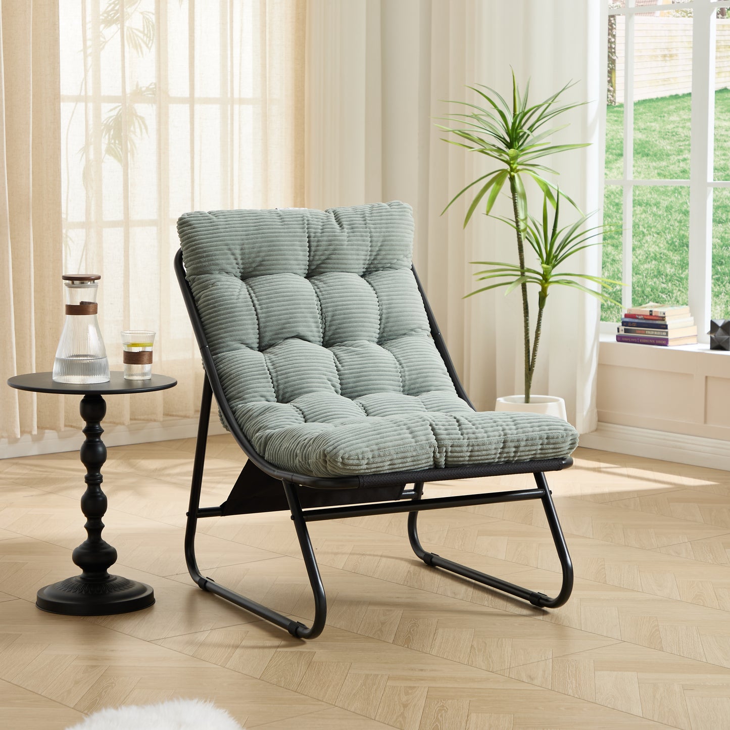 Patio Outdoor Lounge Chair With Ottoman, Comfy Sling Recliner Chair With Puffy Cushion And Foot Stool,  Ideal For Living Room, Bedroom, Reading Room, Black Frame With Light Green Cushion
