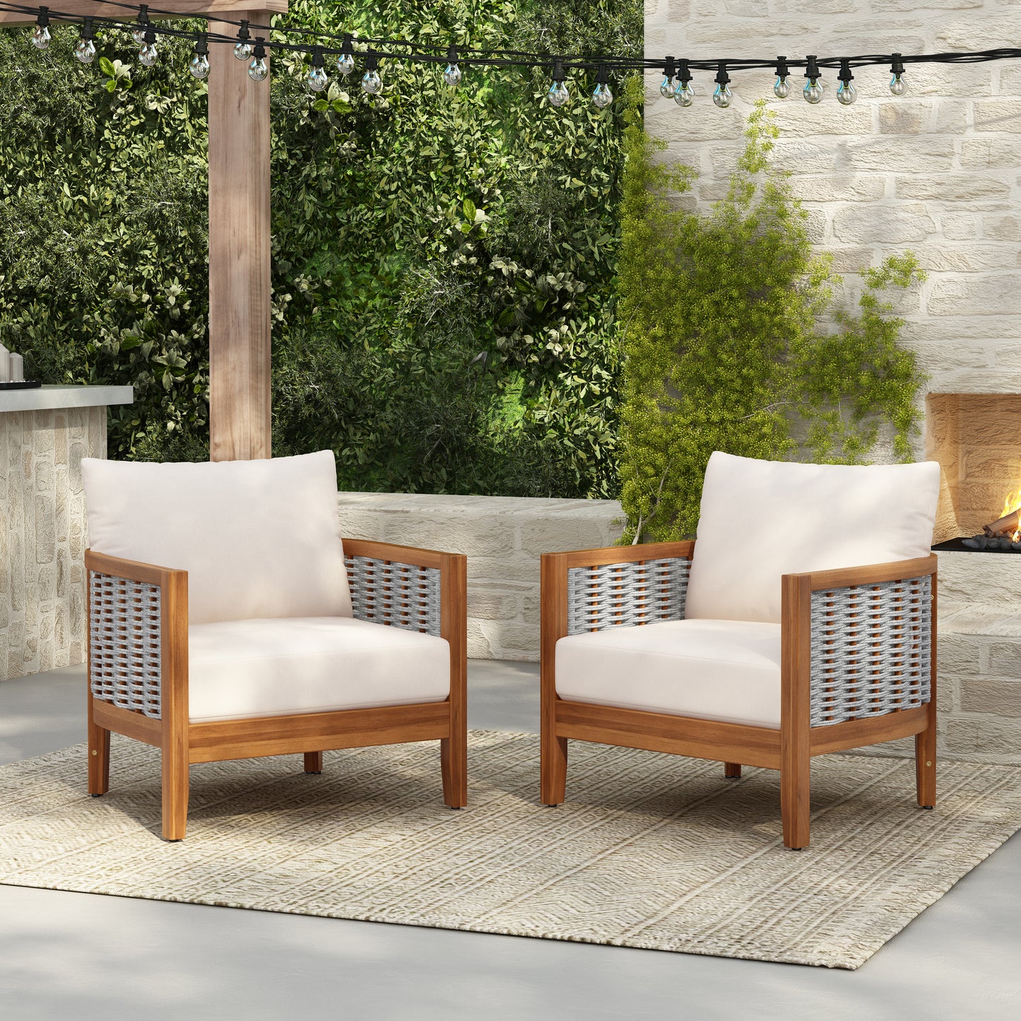 2 Pieces Outdoor Unique Tub Design Armchair With Woven Rope, Patio Furniture Acacia Wood Chair, Deep Seating With Soft Cushions For Porch, Garden, Backyard, Balcony, Teak Finish & Beige Cushion