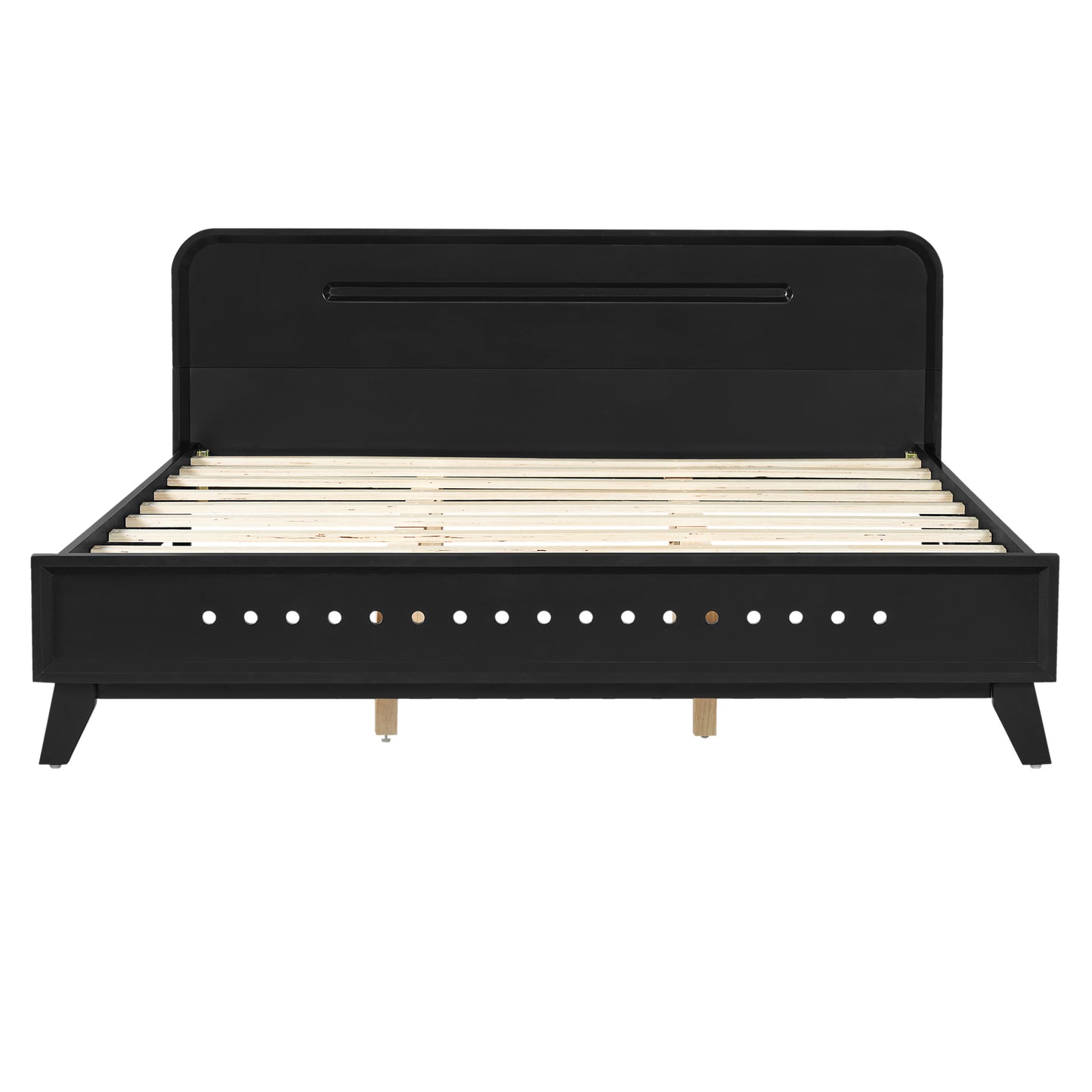 PINE SOLID WOOD QUEEN SIZE BED, SOLID AND STABLE, NO BOX SPRING NEEDED, BLACK COLOR