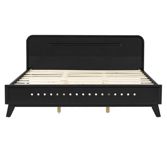 PINE SOLID WOOD QUEEN SIZE BED, SOLID AND STABLE, NO BOX SPRING NEEDED, BLACK COLOR
