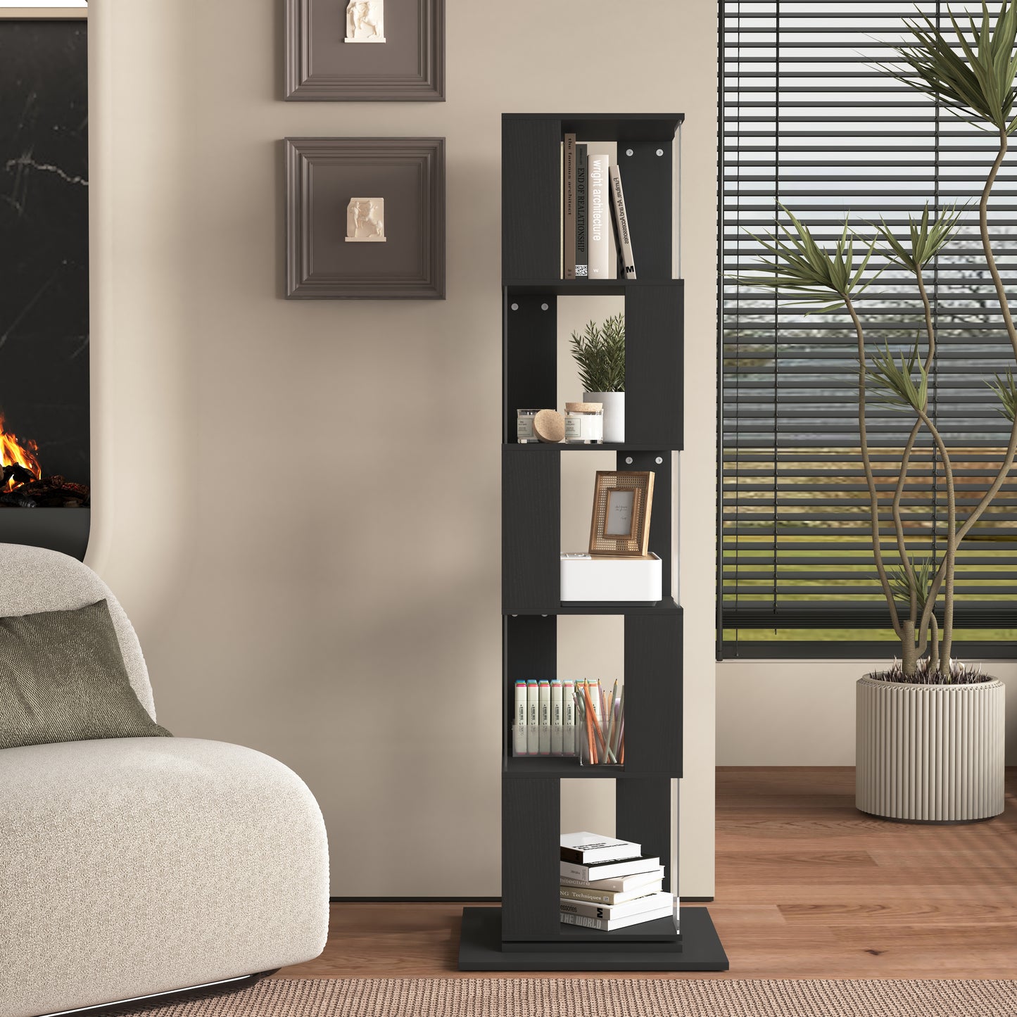 360 Rotating Bookshelf With Acrylic Plate, 5-Tier Tall, Floor Rack Simple Bookcase, Modern Display Shelf For Living Room Home Office Bedroom