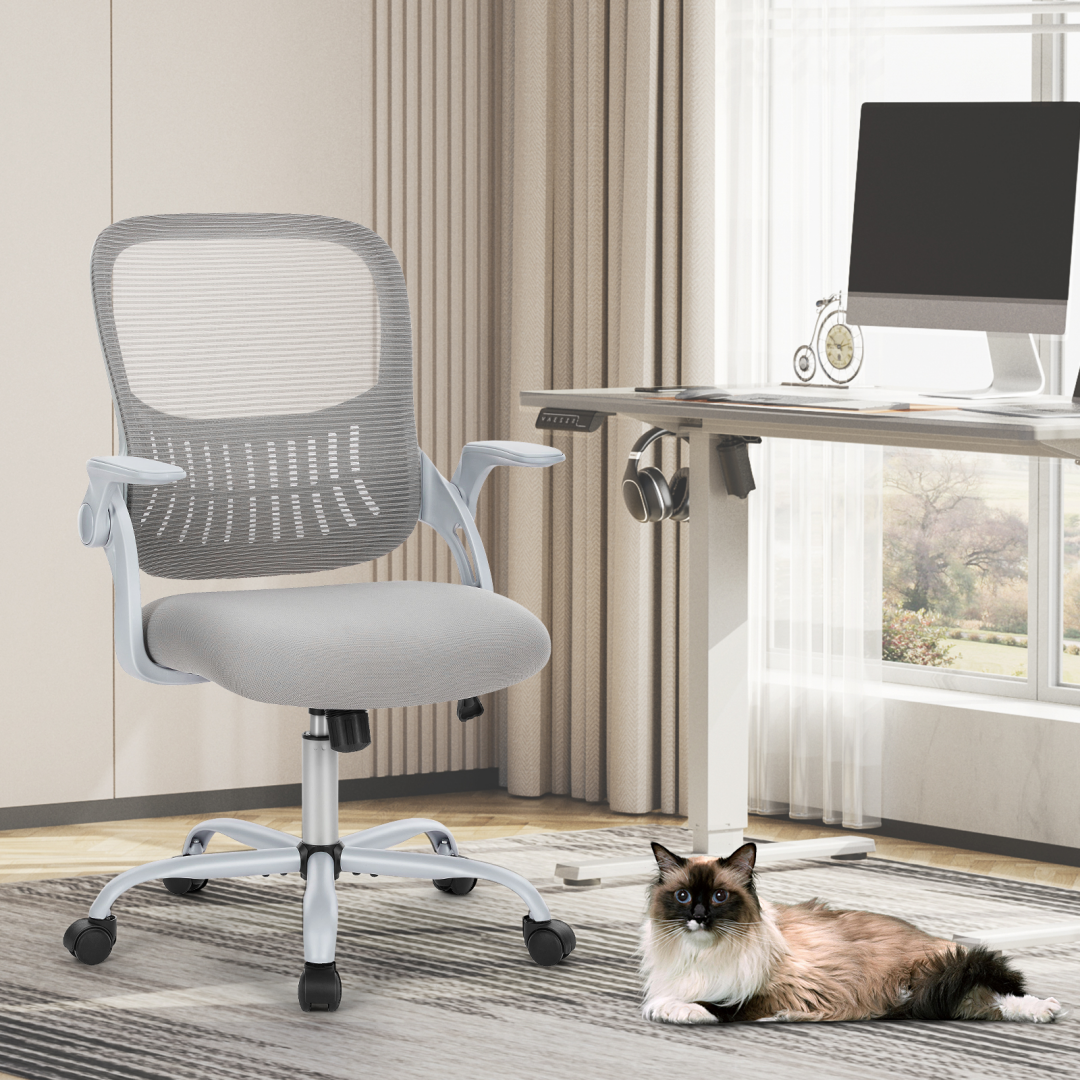 Home Office Computer Chair - Ergonomic Mid Back Desk With Lumbar Support And Rocking Mode, Height Adjustable With Fixed Armrest