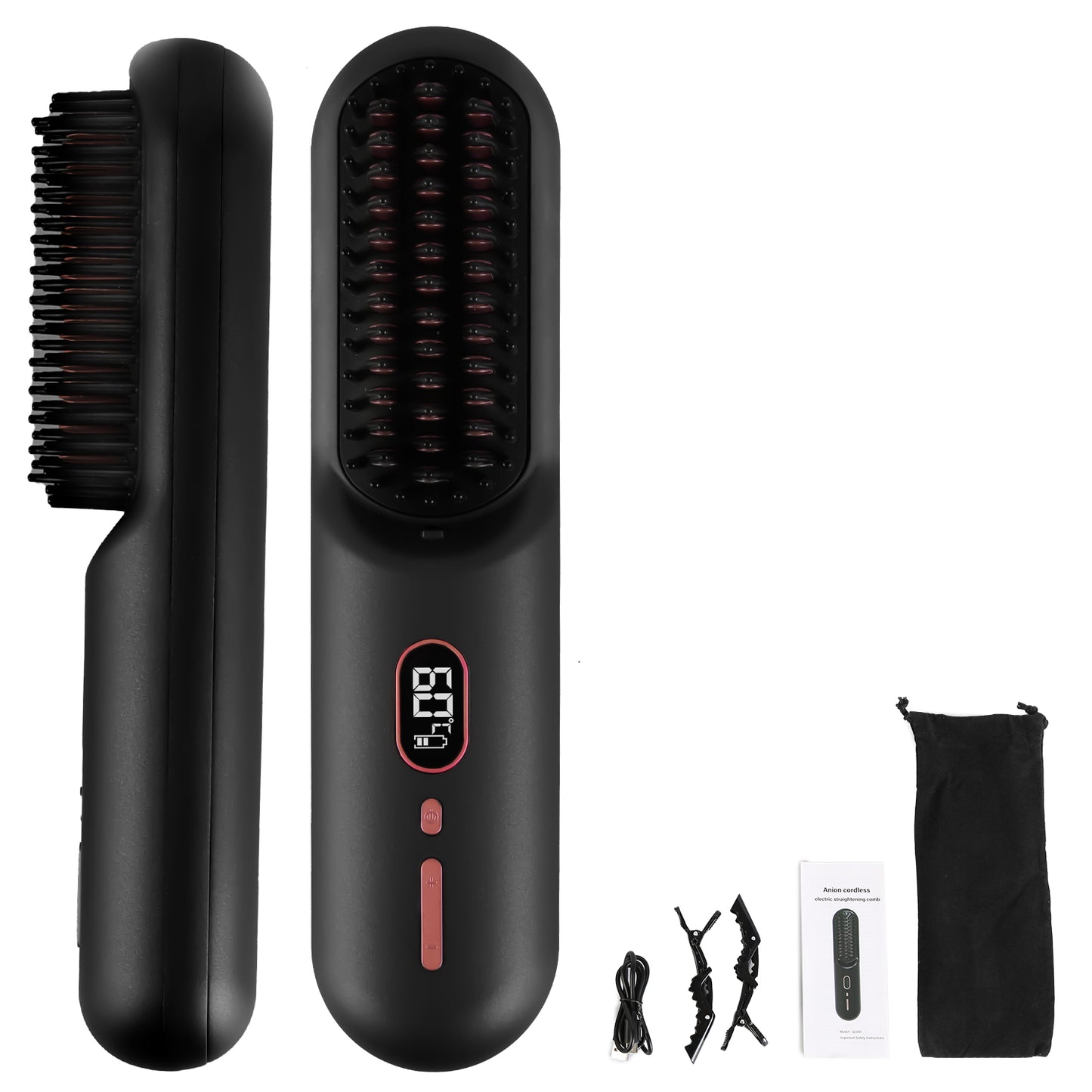 Grey-Black Options -- 1Pc Cordless Negative Ion Hair Straightener Brush Rechargeable Mini Styling Comb With 12 Heating Levels Anti-scald 30S Preheating 30Mins Auto Sleep LCD Display