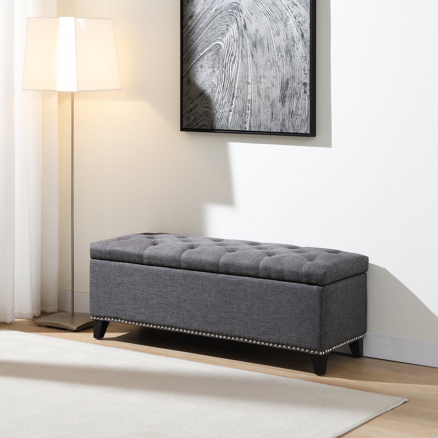47.5  Storage Ottoman, Storage Bench With Safety Close Hinge, Linen Button-Tufted Ottoman For Living Room, Entryway, Hallway, Foot Rest, Support 500lbs - Dark Grey