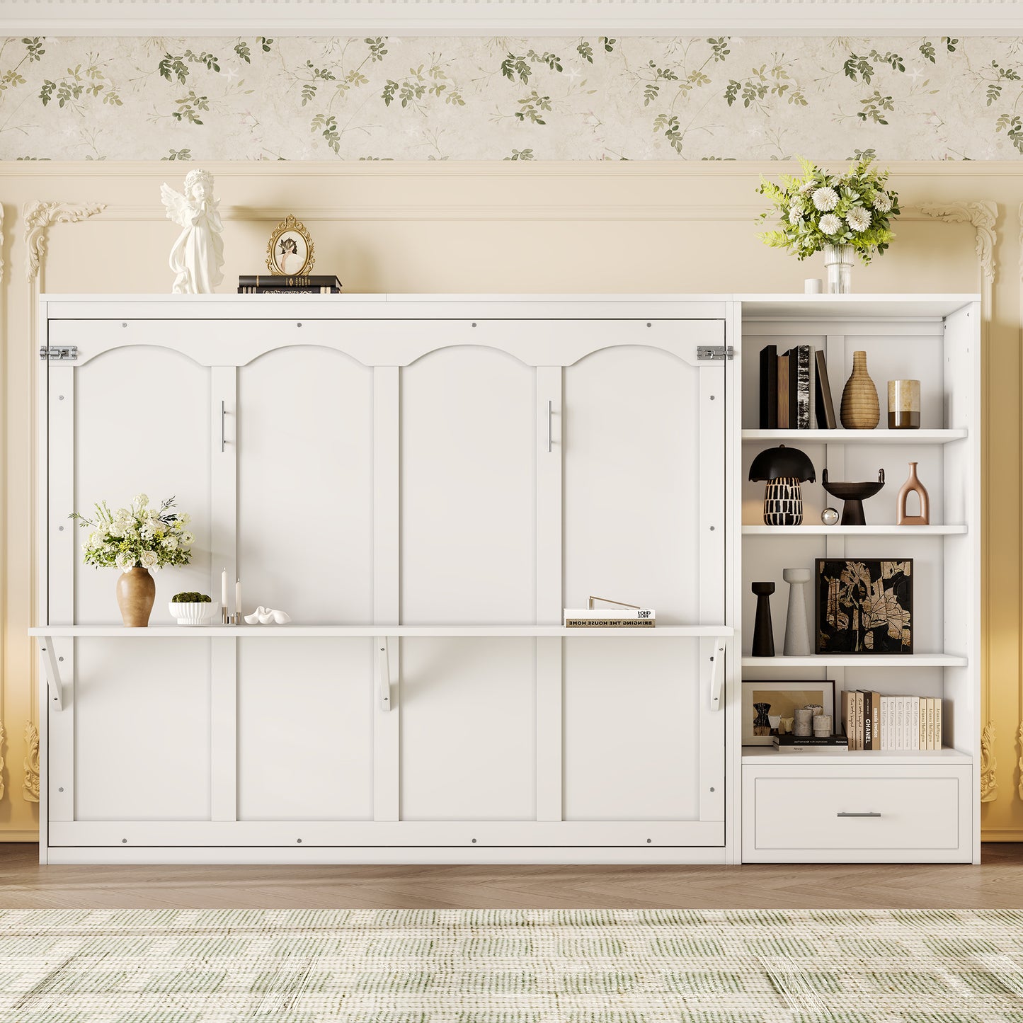 Queen Size Murphy Bed With Height Adjustable Storage Compartments And Shelf, Wall Bed Frame With 1 Drawer, Multifunctional Foldable Platform Bed For Bedroom,Guest Room, White OLD SKU N733S309223K