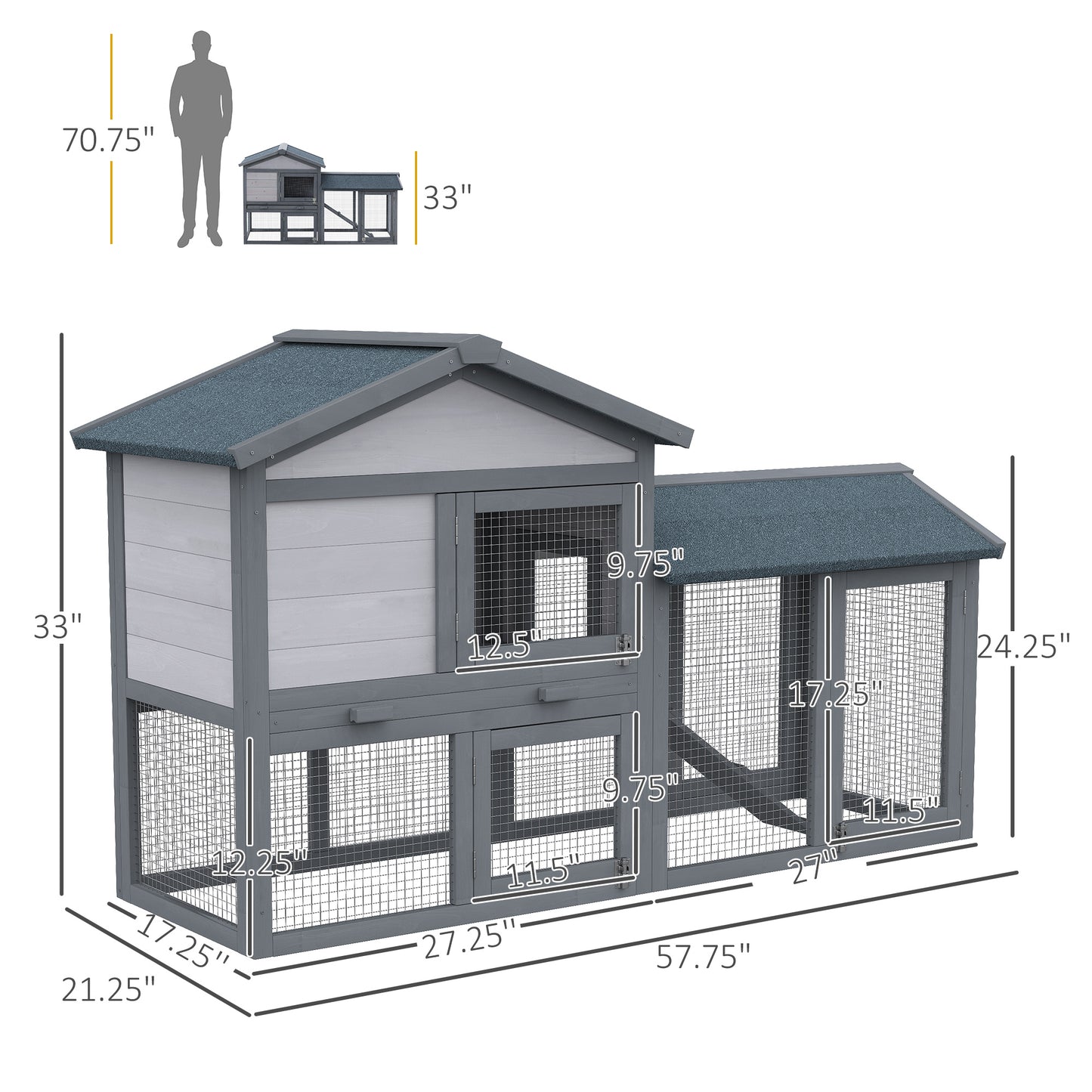 58" Large Rabbit Hutch Outdoor Indoor, Wooden Bunny Hutch, Guinea Pig Cage With Run, Removable Tray, Asphalt Roof, Lockable Doors And Ramp, For 1-2 Small Rabbits, Chickens, Ducks, Dark Gray