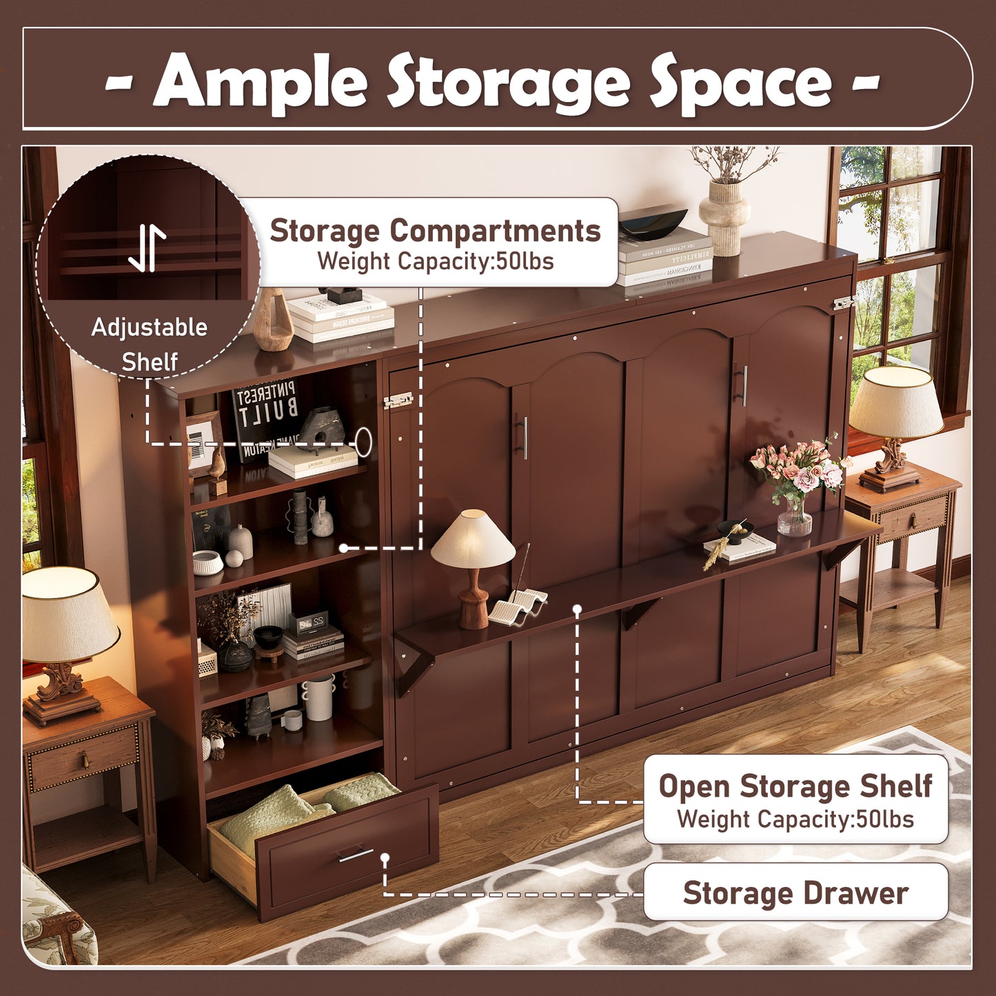 Queen Size Murphy Bed With Height Adjustable Storage Compartments And Shelf, Wall Bed Frame With 1 Drawer, Multifunctional Foldable Platform Bed For Bedroom,Guest Room, Walnut OLD SKU N733S309223D