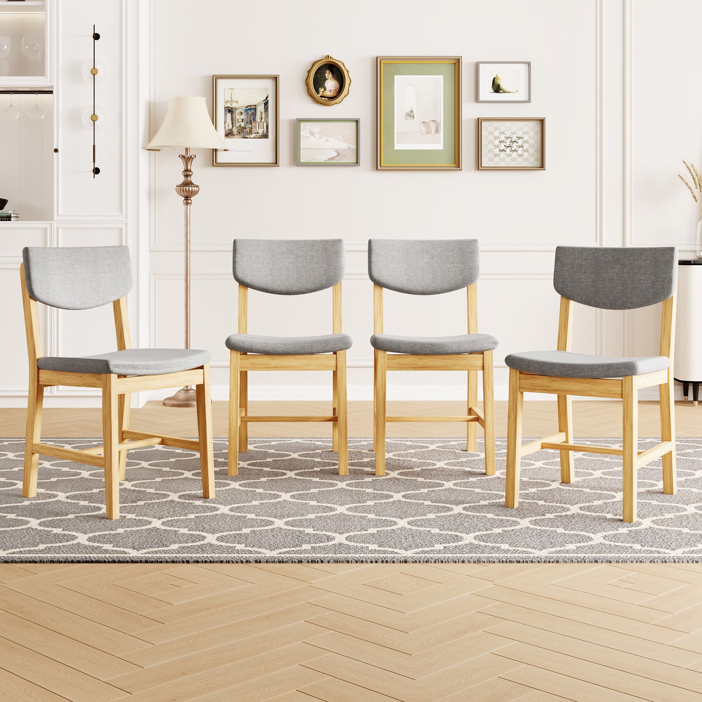 4-Piece Rustic Farmhouse Dining Chair - Solid Wood Frame With Gray Fabric Cushion, Upholstered Accent Chair For Kitchen, Dining Room, Living Room, Natural