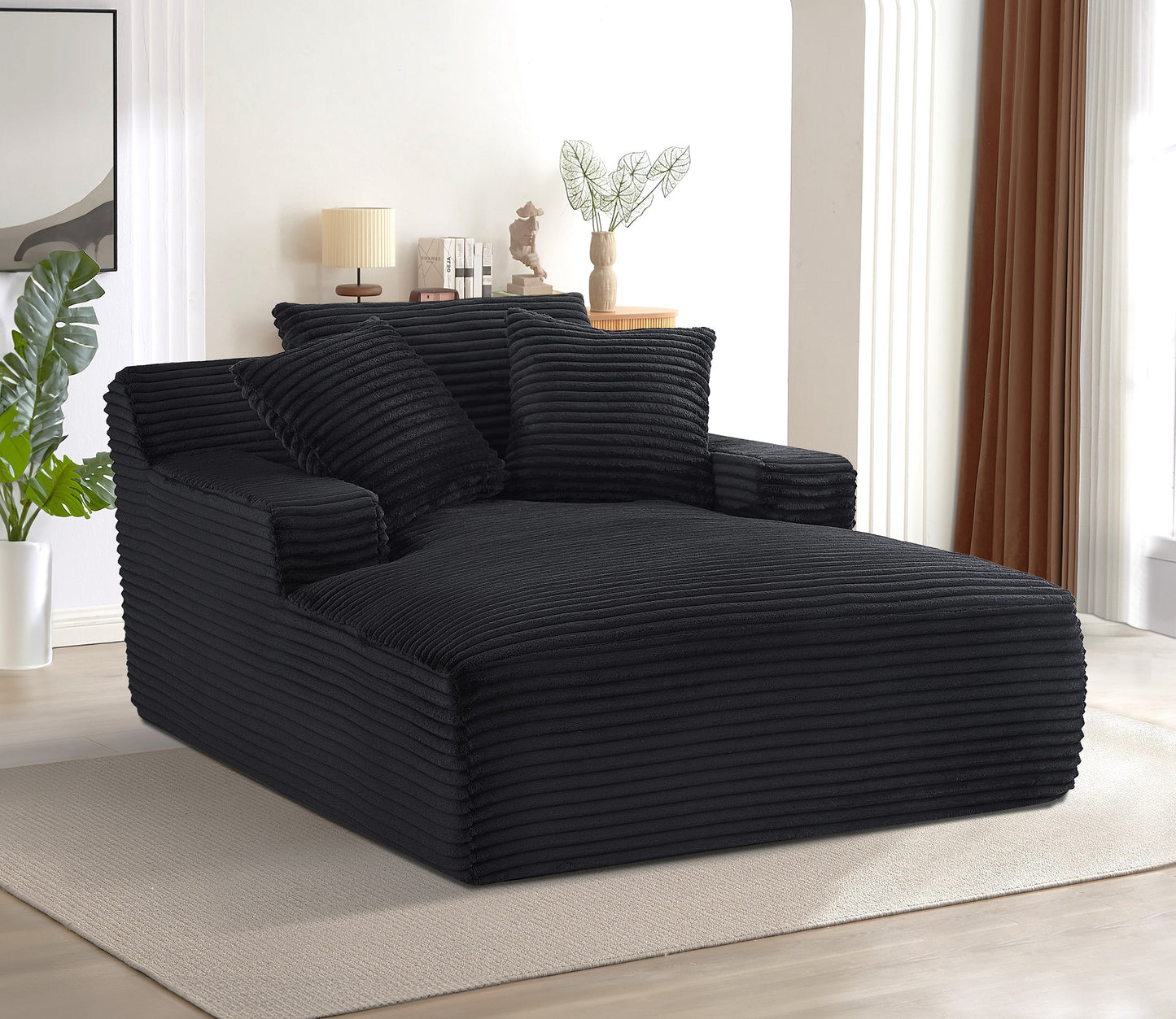 Cloudline Oversized Chaise Lounge Chair In Soft Corduroy, Modern Comfy Couch With Full Foam Cushioning, Cozy Sleeper Sofabed For Living Room, Bedroom, No Assembly Required, Black