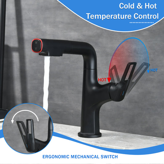 Matte Black Pull-Down Vessel Faucet - Single Hole Bathroom Sink Faucet With Lift Spout & Dual Spray Modes