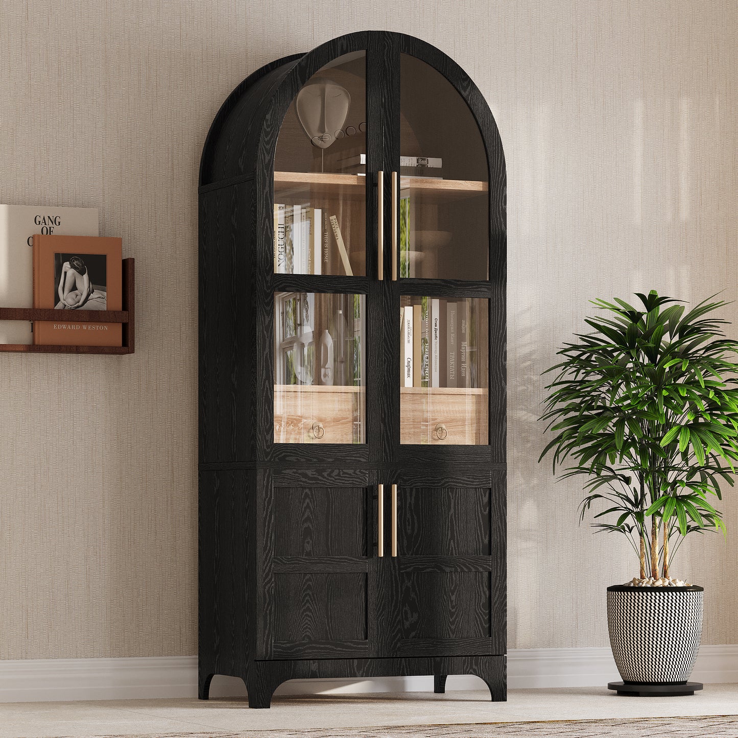 K&K 71  Tall Arched Kitchen Pantry Cabinet With Door Shelves, Farmhouse Kitchen Storage Cabinet With Open & Adjustable Shelves, Hidden Drawer & Glass Door, Cupboard For Kitchen, Dining Room, Black