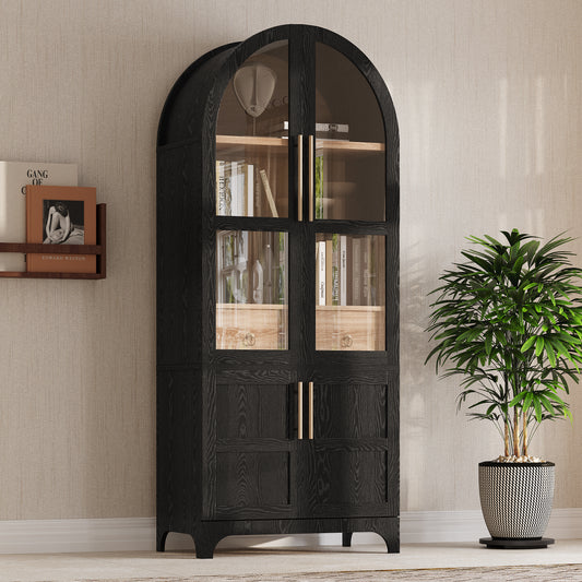K&K 71  Tall Arched Kitchen Pantry Cabinet With Door Shelves, Farmhouse Kitchen Storage Cabinet With Open & Adjustable Shelves, Hidden Drawer & Glass Door, Cupboard For Kitchen, Dining Room, Black