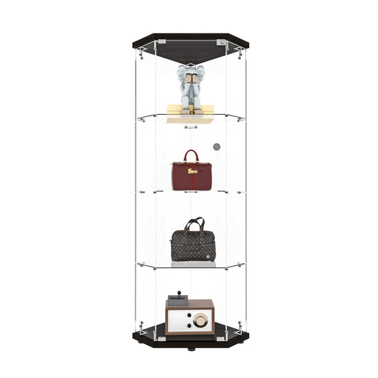 Glass Display Cabinet With 4 Shelves,Pentagon,LED,Curio Cabinets For Living Room, Bedroom, Office, Black Floor Standing Glass Bookshelf, Quick Installation