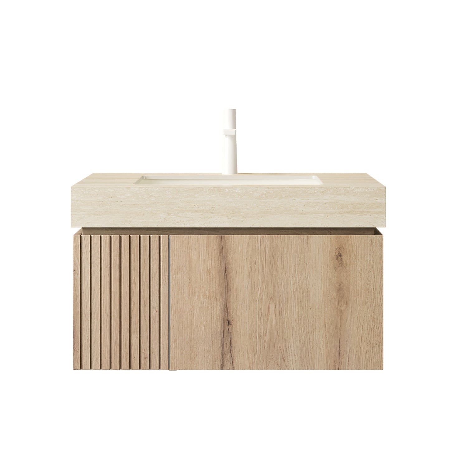 MURI 30  Bathroom Vanity&Sink, Floating Plywood Storage Cabinet With Drawer&Door, Roma Travertine Sintered Stone Top&Ceramic Basin With 1 Pre-drilled Faucet Hole, Pre-assembled, White Oak Woodgrain