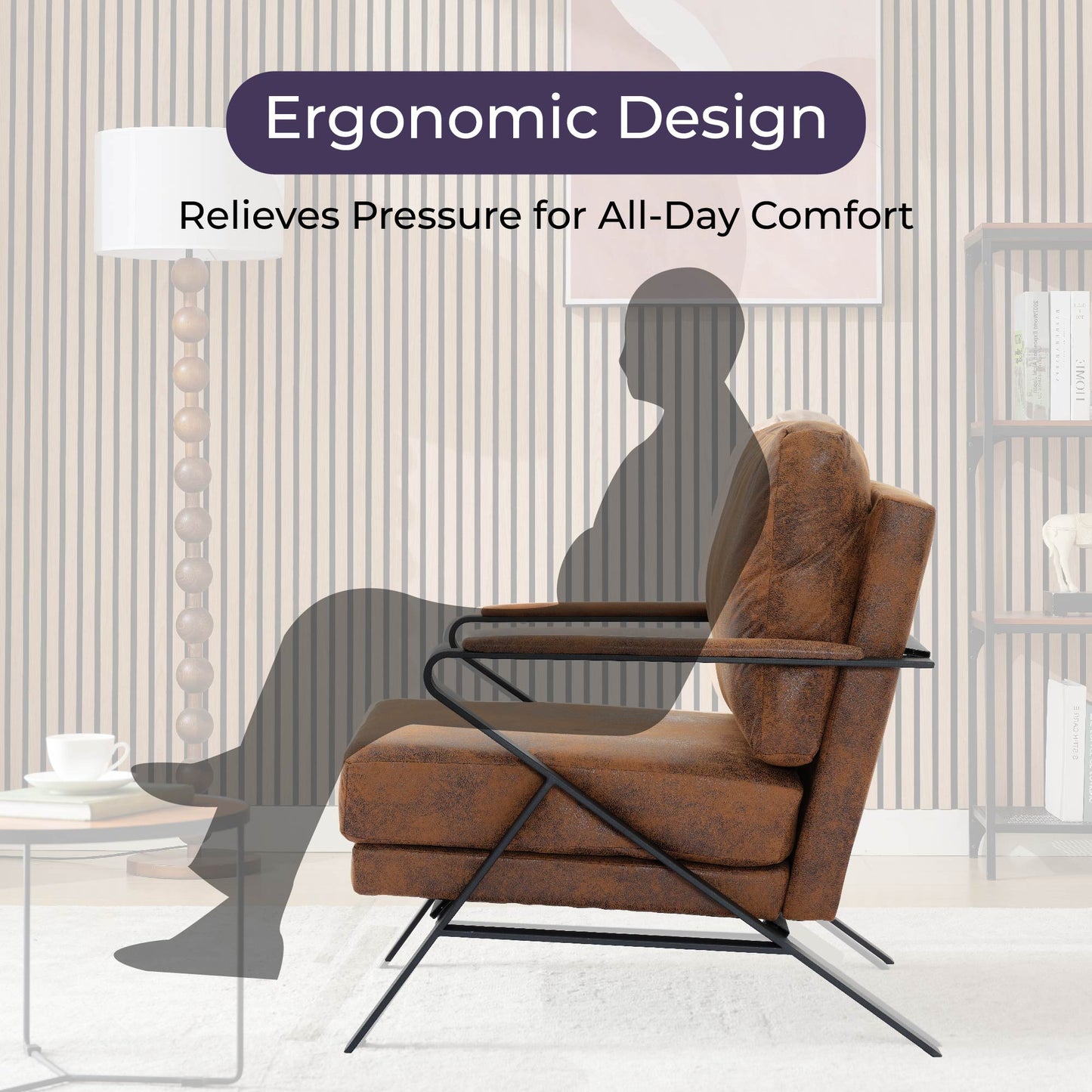 Mid-Century Modern Chair Upholstered Lounge Arm Chair With Iron Frame And Thicker Cushion For Living Room, Reading, Balcony,Brown