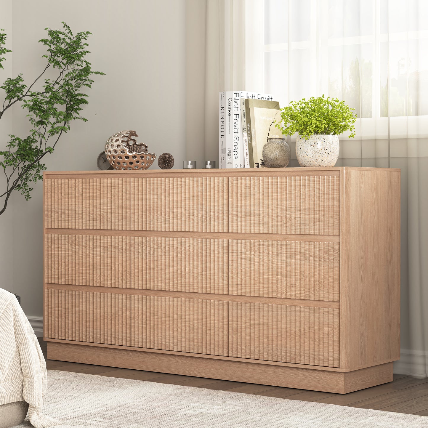 9 Drawer Dresser For Bedroom With Large Drawers, Wood Dresser, Large Floor Chest Of Drawers, Modern Long TV Stand, Mid Century Storage Cabinet Side Table, Natural