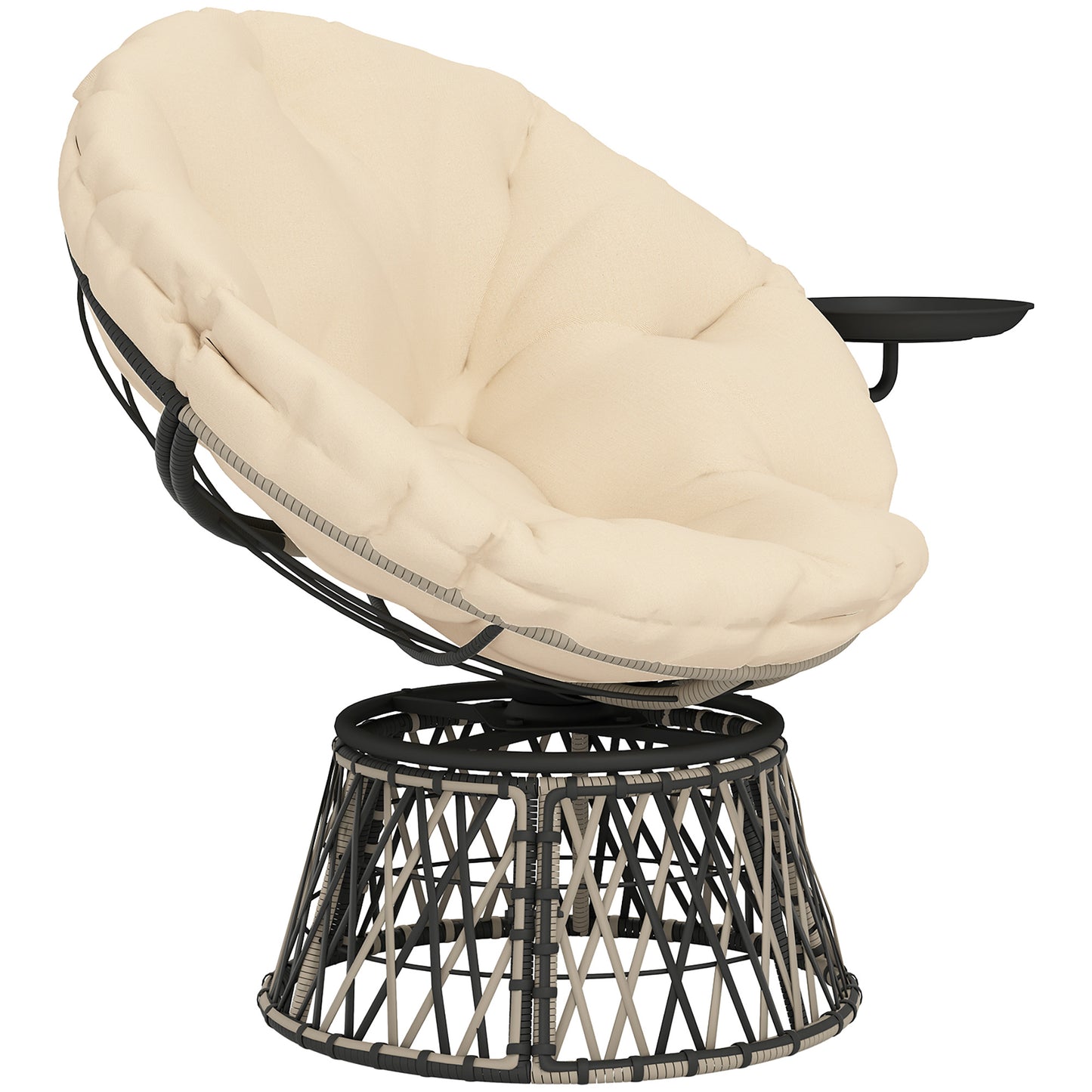 360 Swivel Outdoor Papasan Chair, 39 Overstuffed Circle Chair With Side Tray, Thick Cushion For Indoor Patio, Beige
