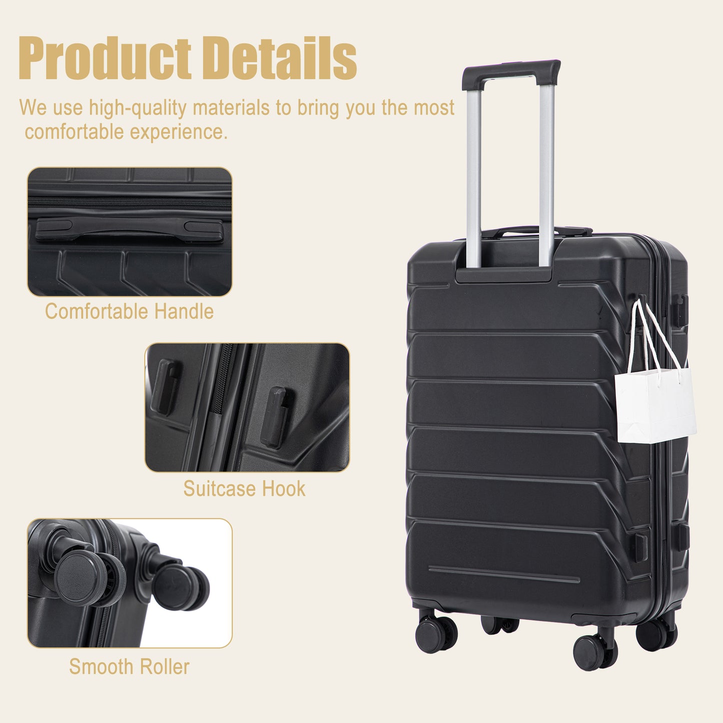 28 Inch ABS Hard Shell Large Travel Checked Luggage - Scratch Resistant Surface Four Multi-Directional Wheels,  With Combination Lock And Side Hooks Black
